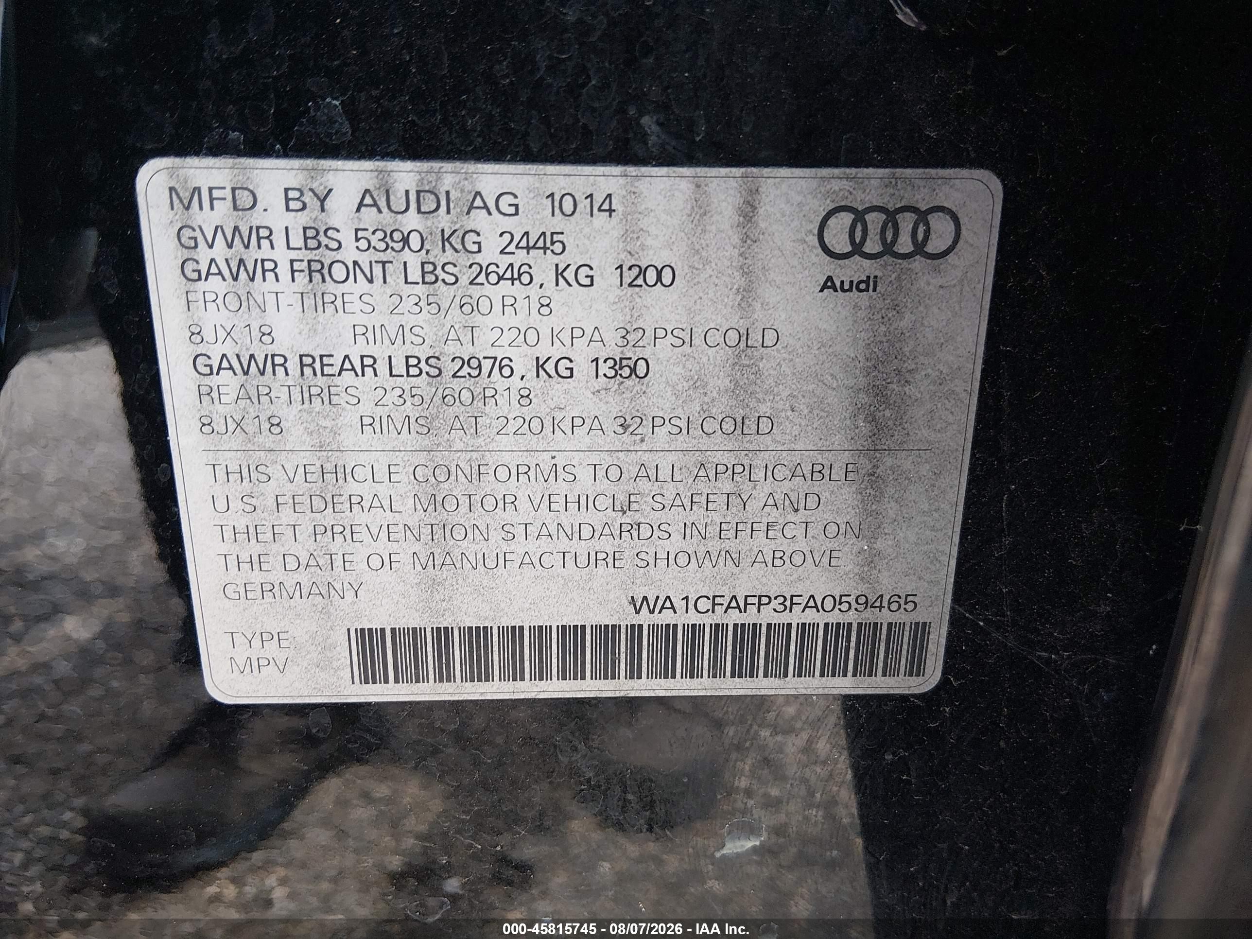 2015 Audi Q5 2.0t Premium Черный vin: WA1CFAFP3FA059465
