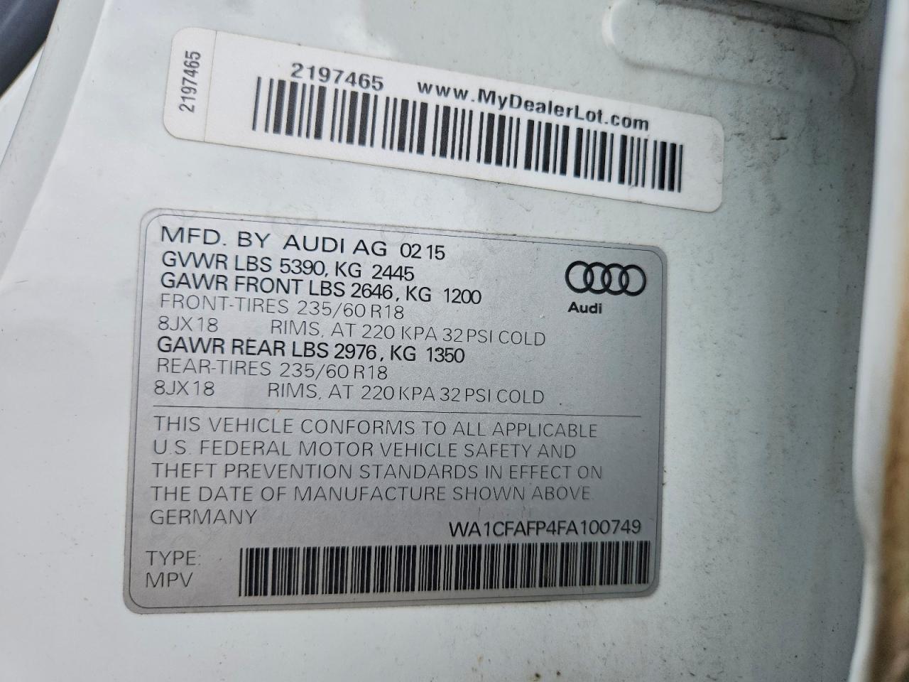 2015 Audi Q5 Premium White vin: WA1CFAFP4FA100749