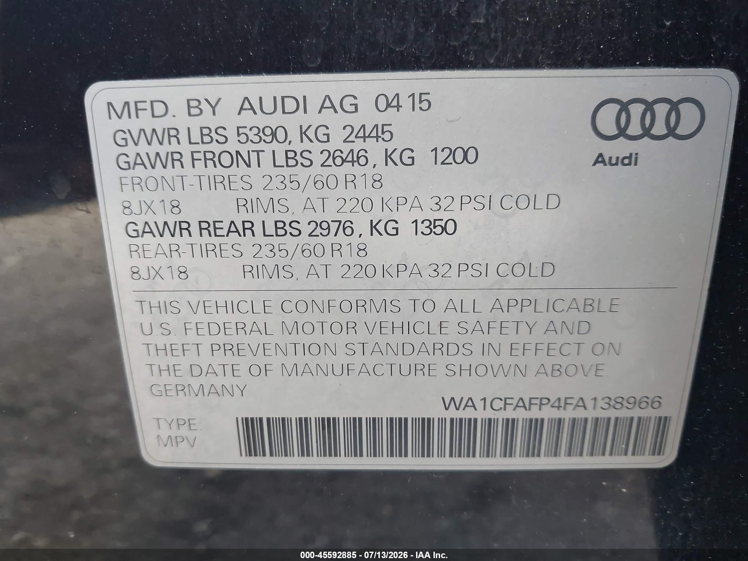 2015 Audi Q5 2.0t Premium Blue vin: WA1CFAFP4FA138966