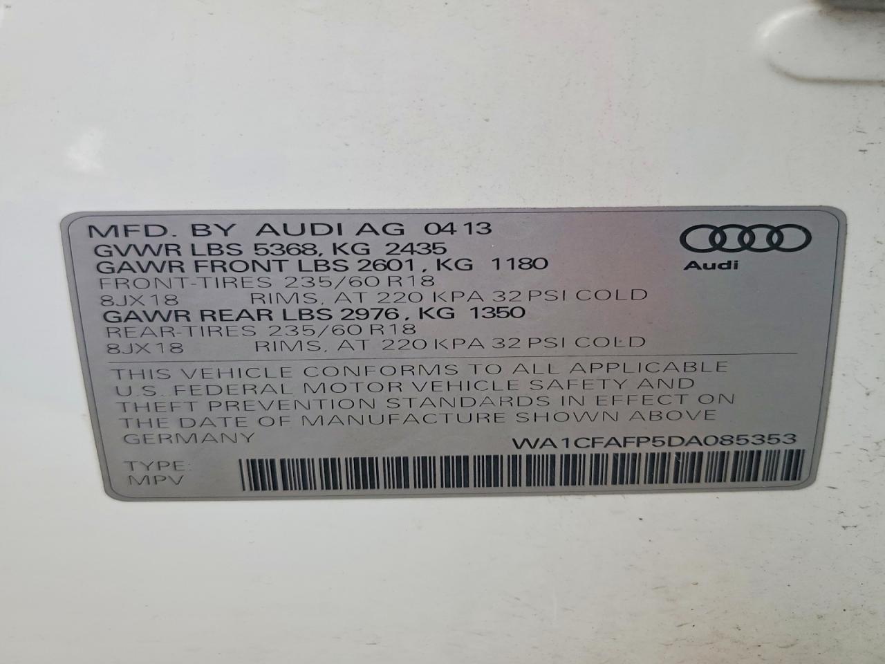 2013 Audi Q5 Premium White vin: WA1CFAFP5DA085353