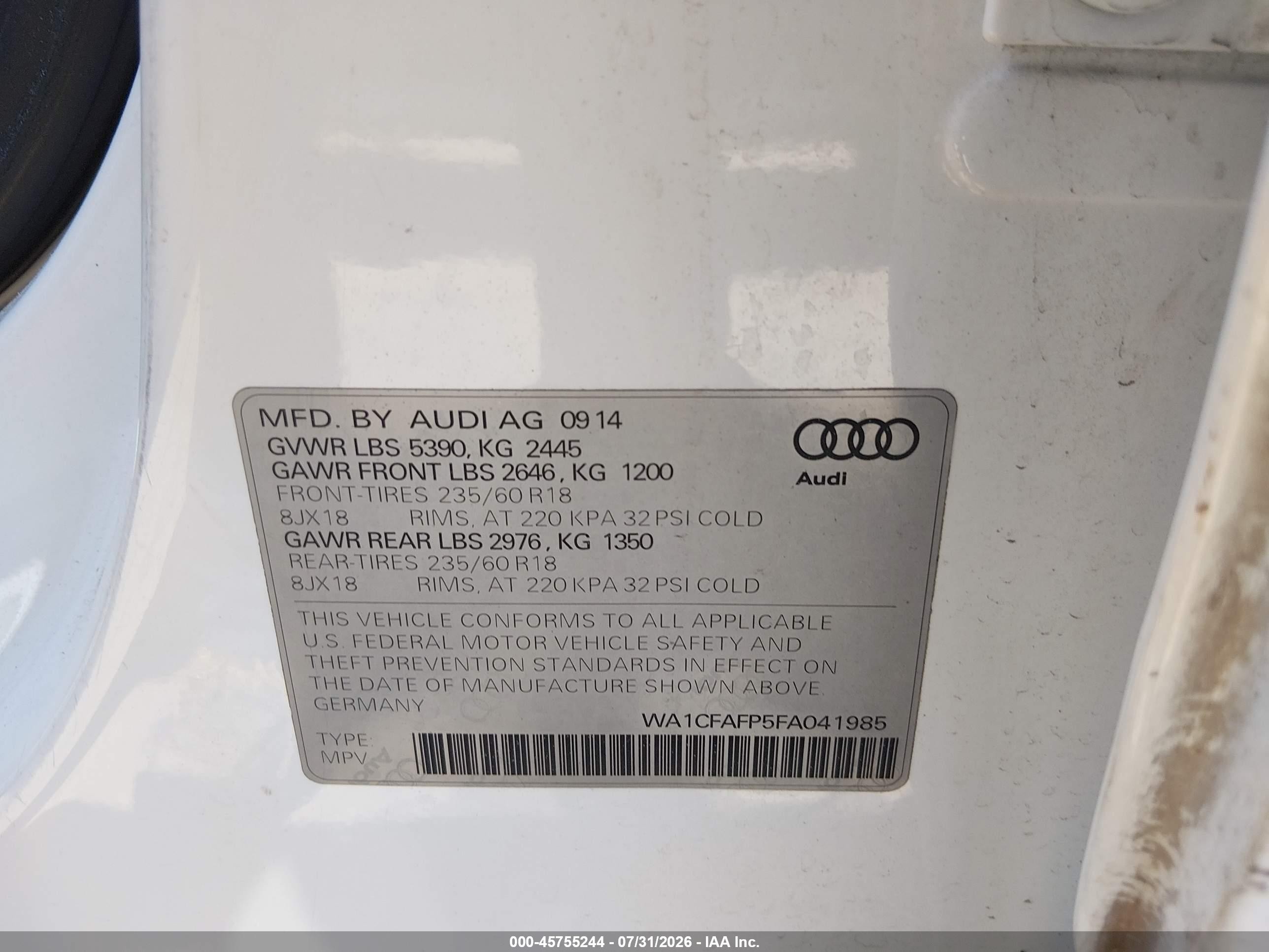 2015 Audi Q5 2.0t Premium White vin: WA1CFAFP5FA041985