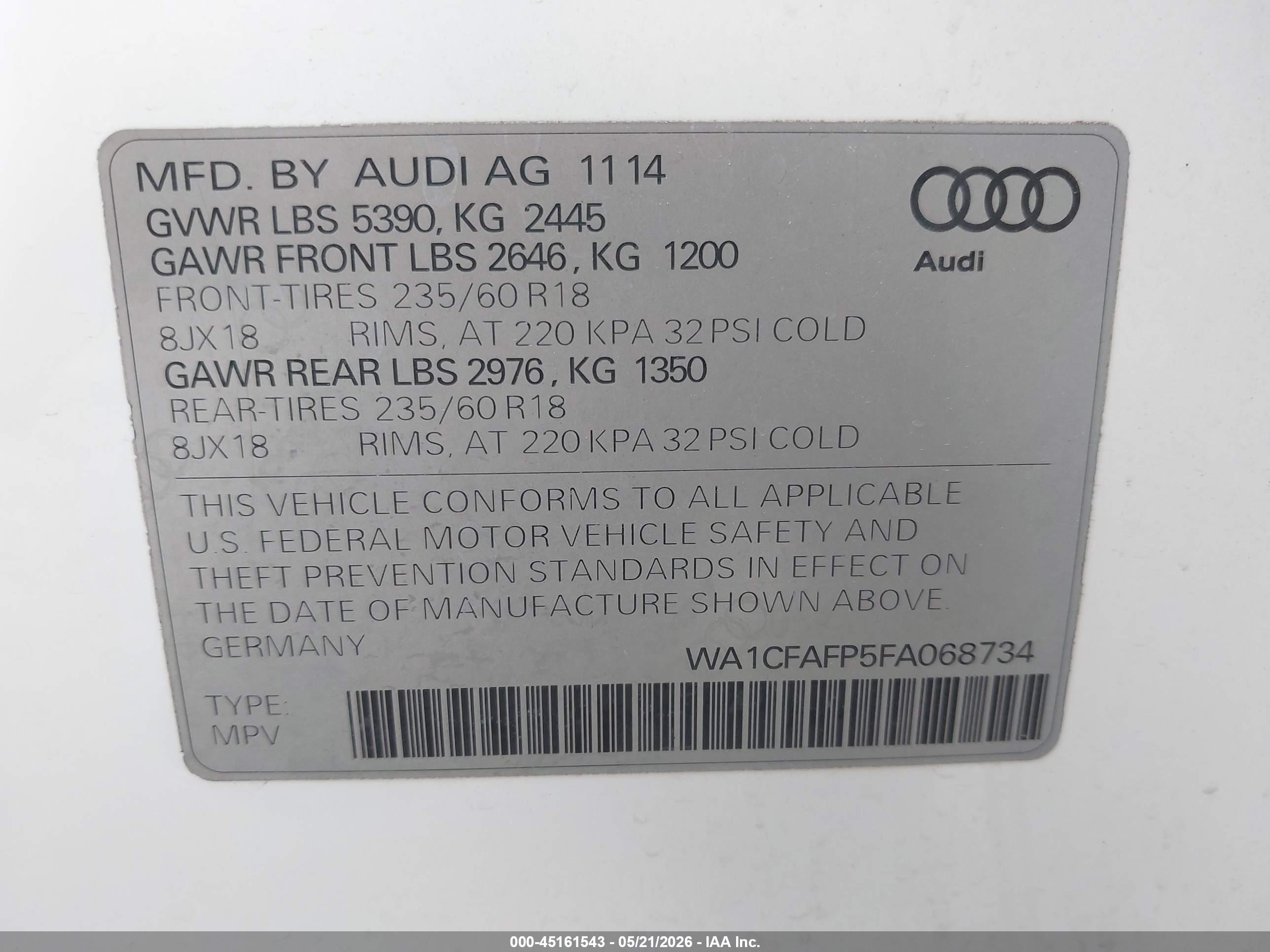 2015 Audi Q5 2.0t Premium White vin: WA1CFAFP5FA068734