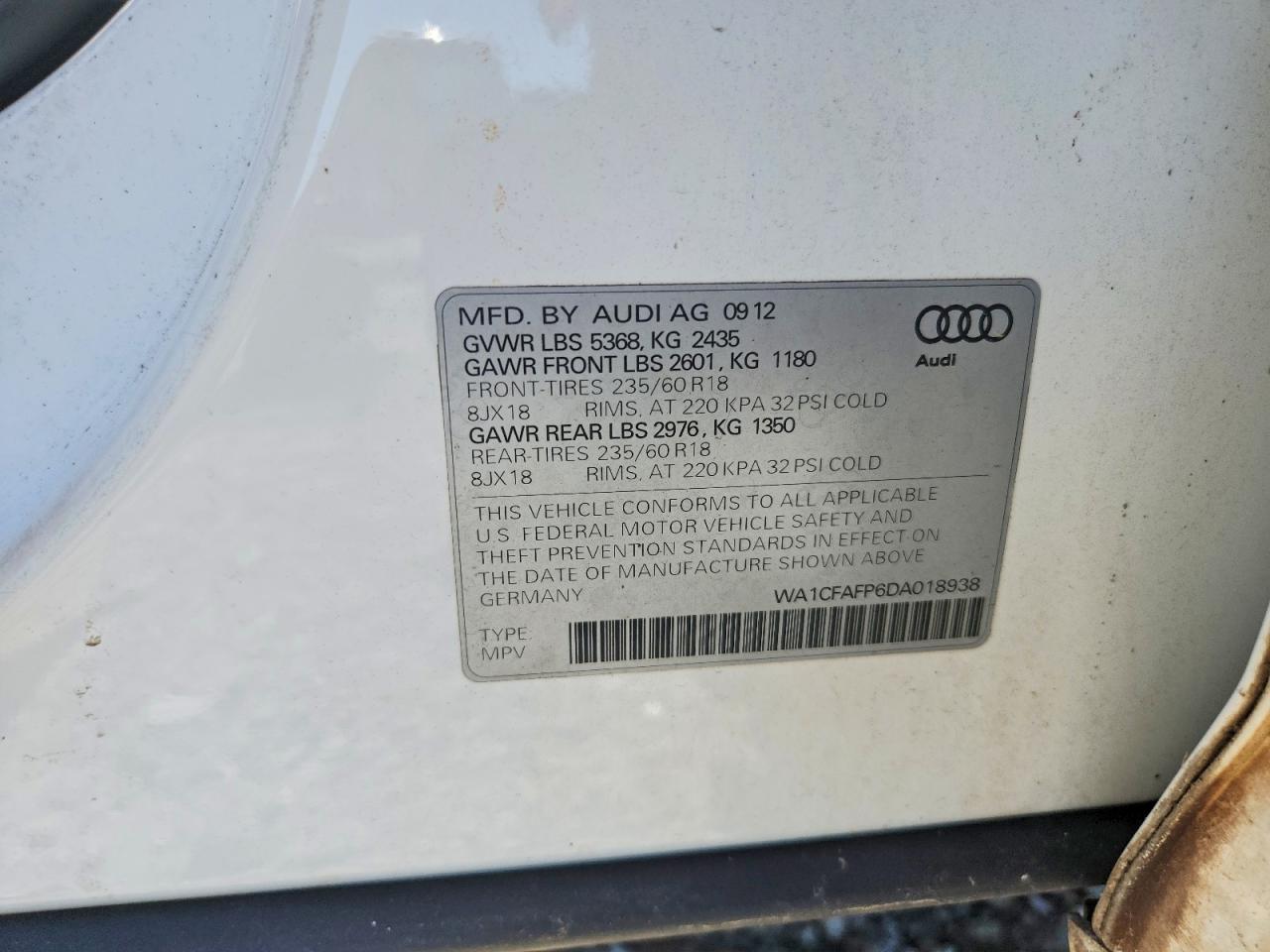 2013 Audi Q5 Premium White vin: WA1CFAFP6DA018938