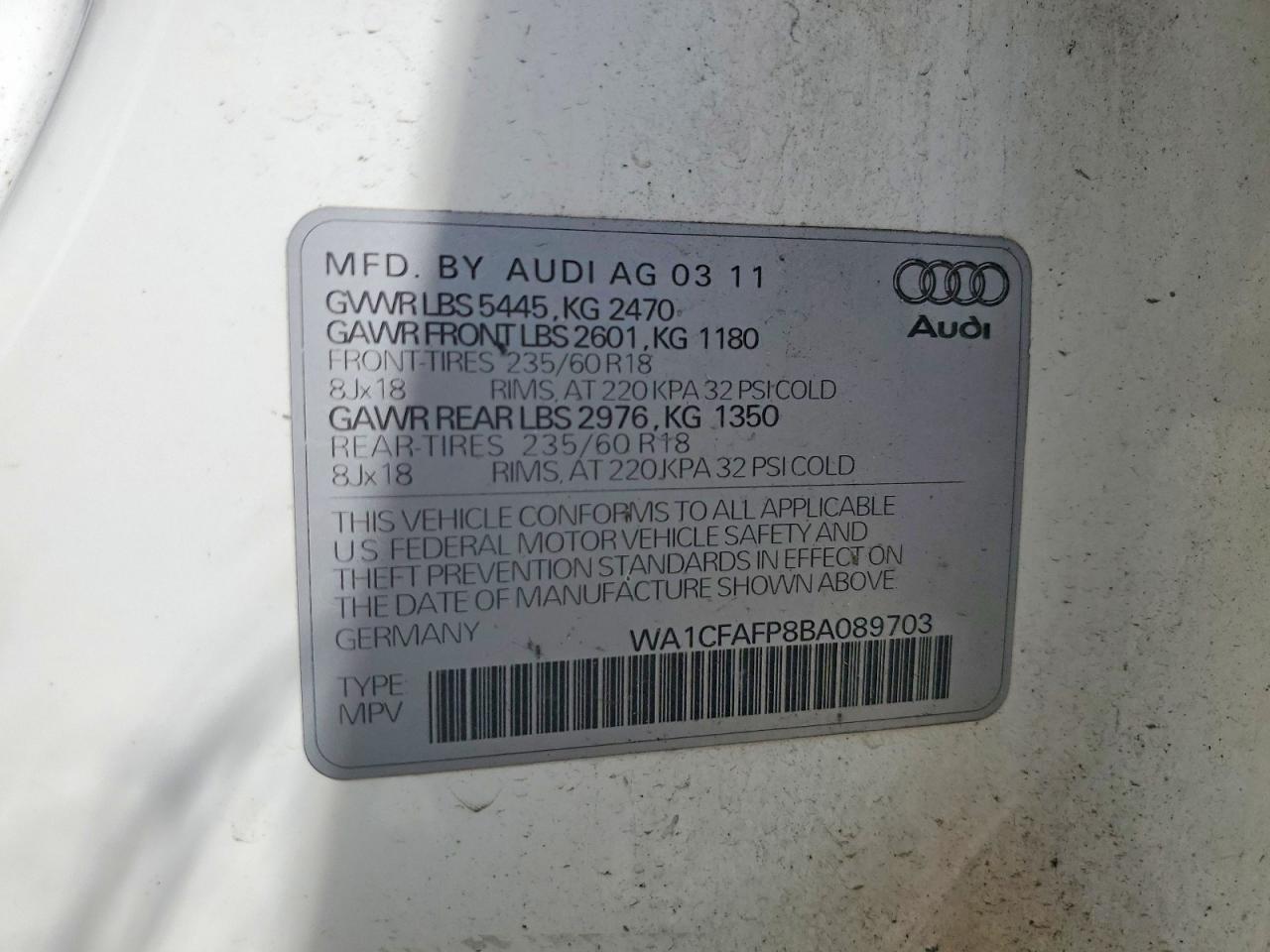 2011 Audi Q5 Premium White vin: WA1CFAFP8BA089703