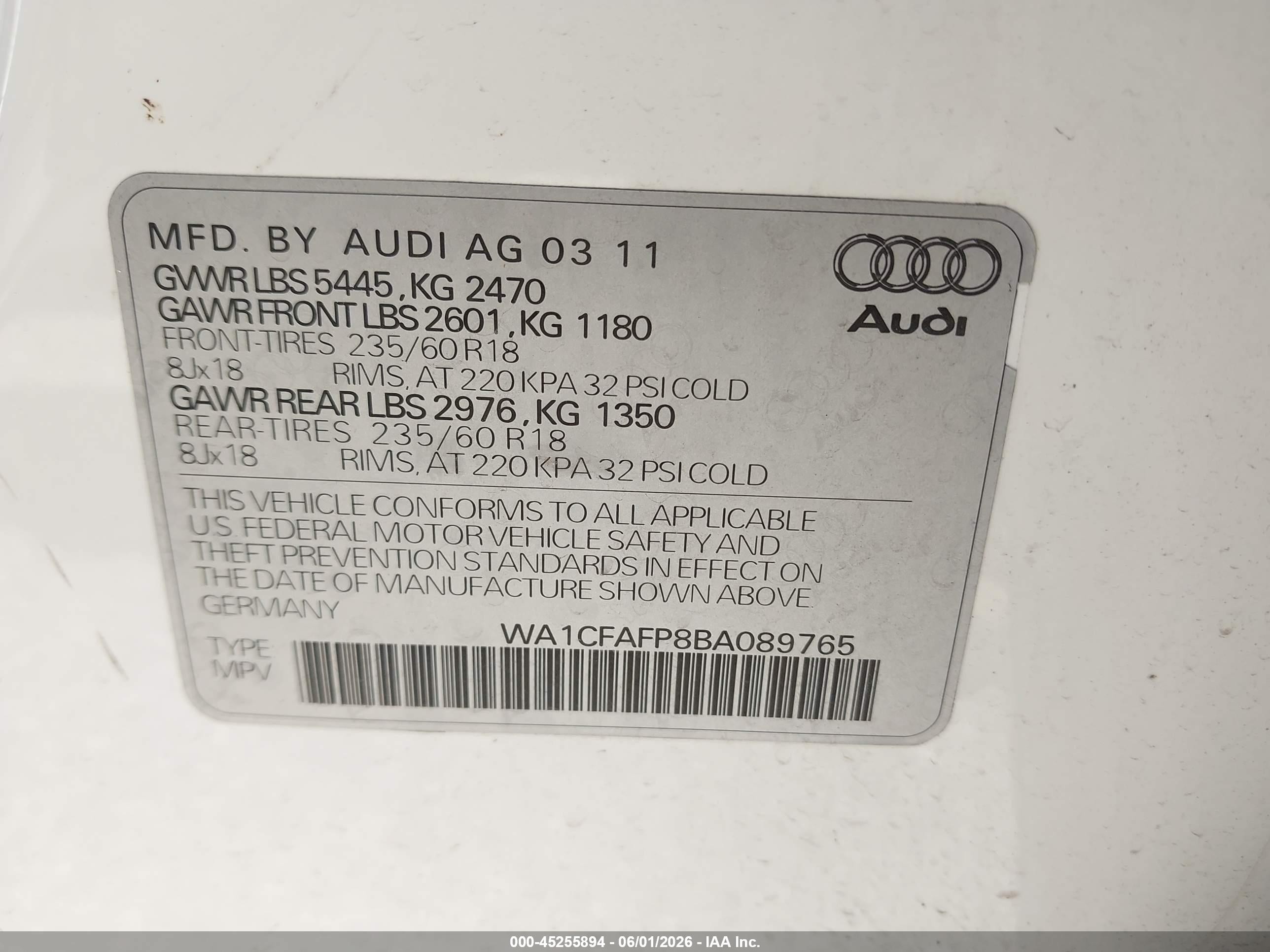 2011 Audi Q5 2.0t Premium White vin: WA1CFAFP8BA089765