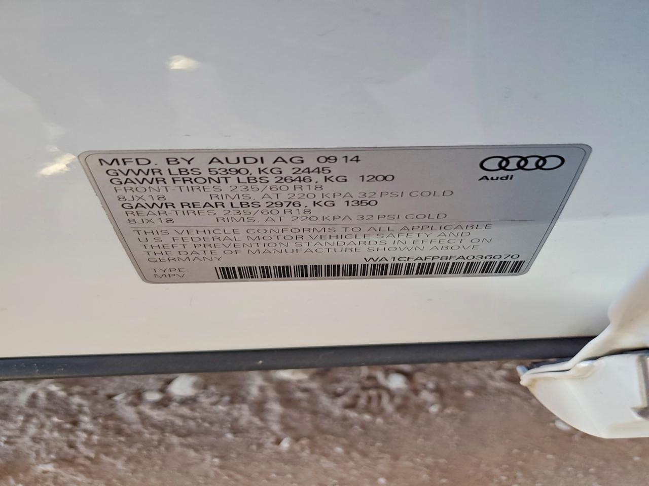 2015 Audi Q5 Premium White vin: WA1CFAFP8FA036070