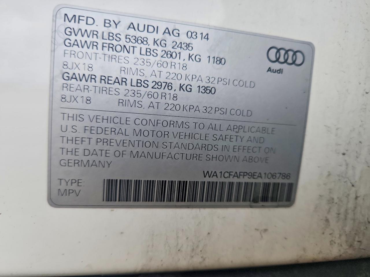 2014 Audi Q5 Premium Белый vin: WA1CFAFP9EA106786