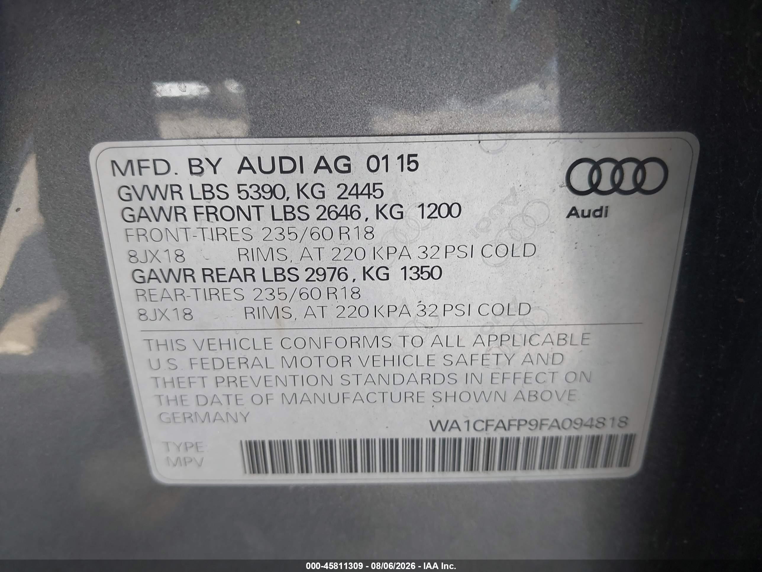 2015 Audi Q5 2.0t Premium Gray vin: WA1CFAFP9FA094818