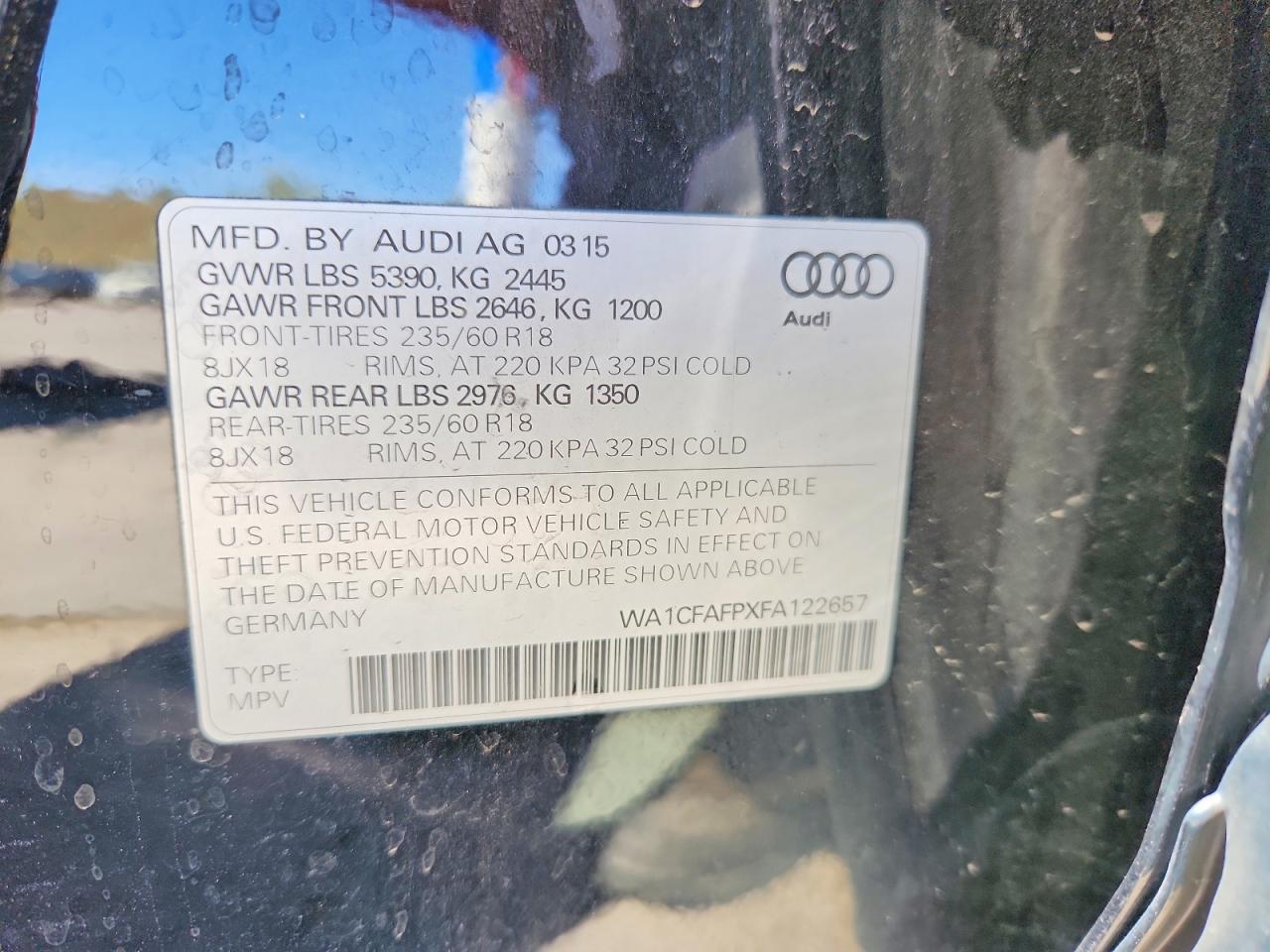 2015 Audi Q5 Premium Черный vin: WA1CFAFPXFA122657