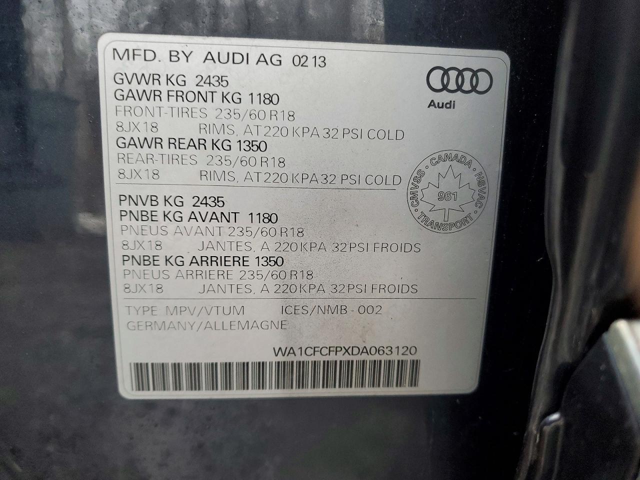 2013 Audi Q5 Premium Charcoal vin: WA1CFCFPXDA063120
