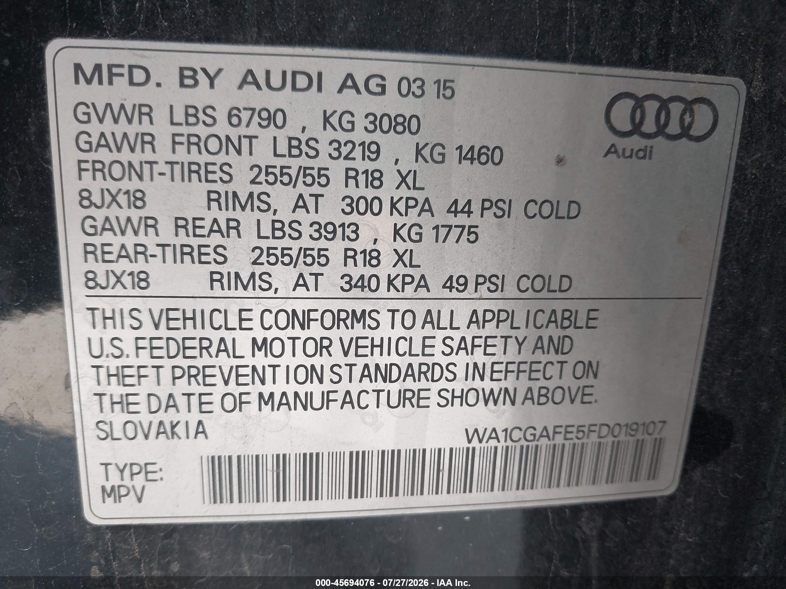 2015 Audi Q7 3.0t Premium Black vin: WA1CGAFE5FD019107