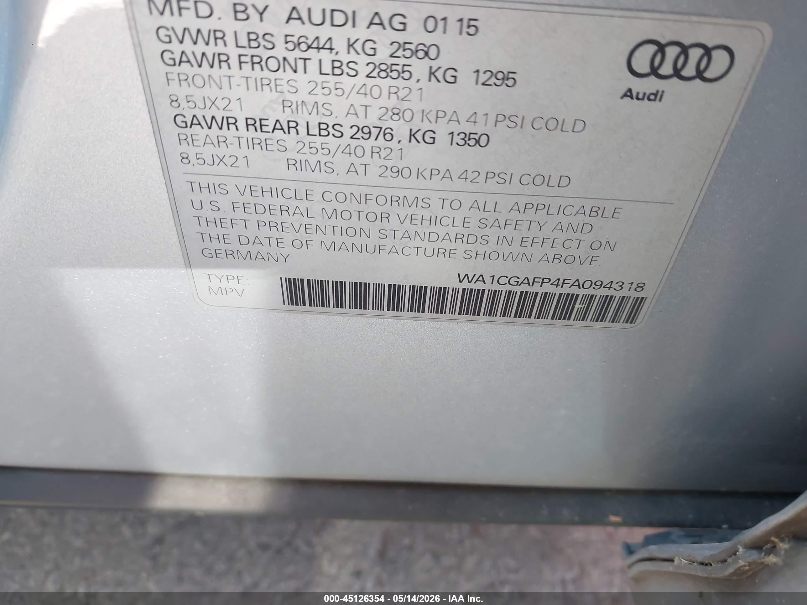 2015 Audi Sq5 3.0t Premium Plus Gray vin: WA1CGAFP4FA094318