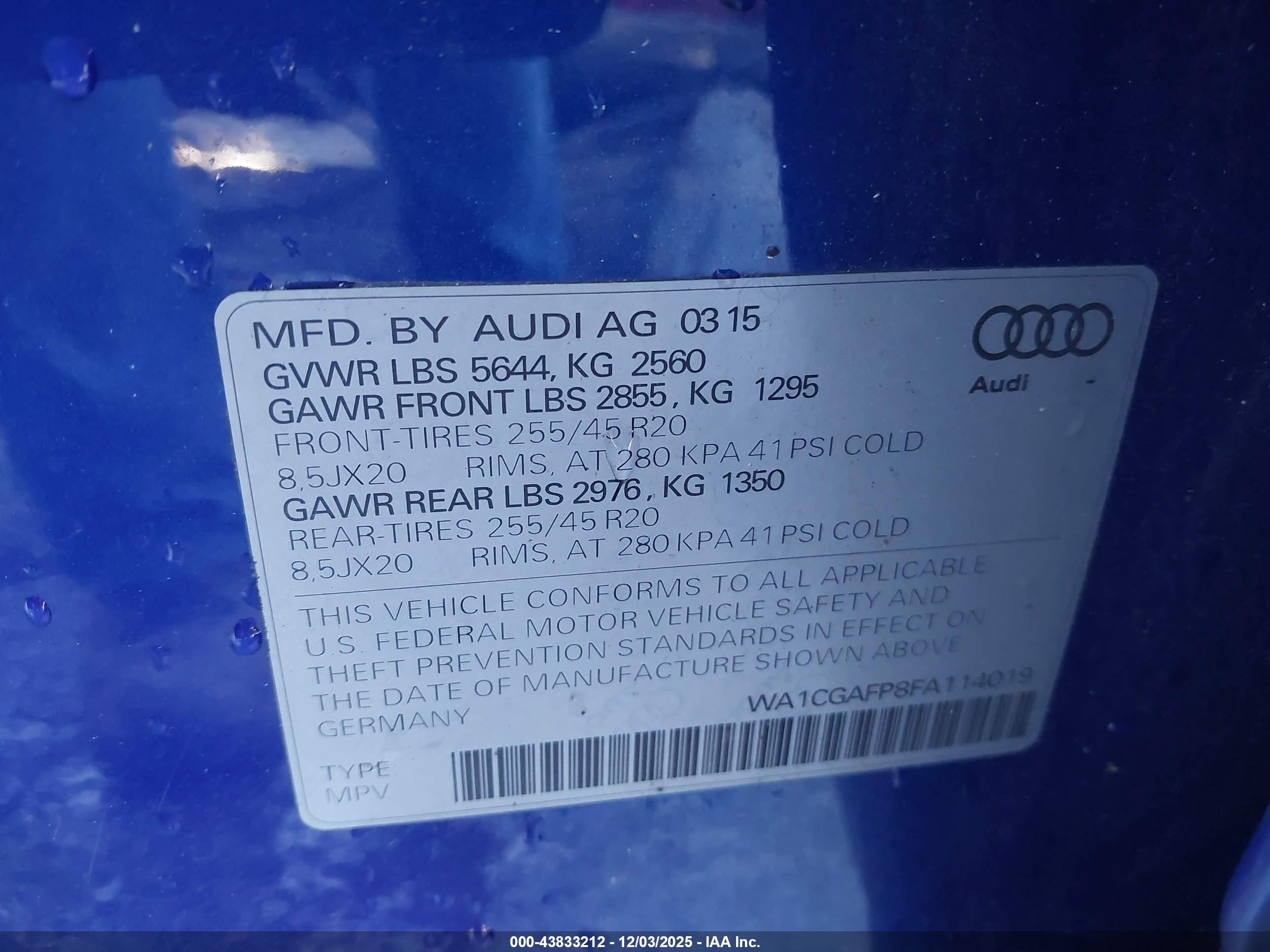 2015 Audi Sq5 3.0t Premium Plus Blue vin: WA1CGAFP8FA114019