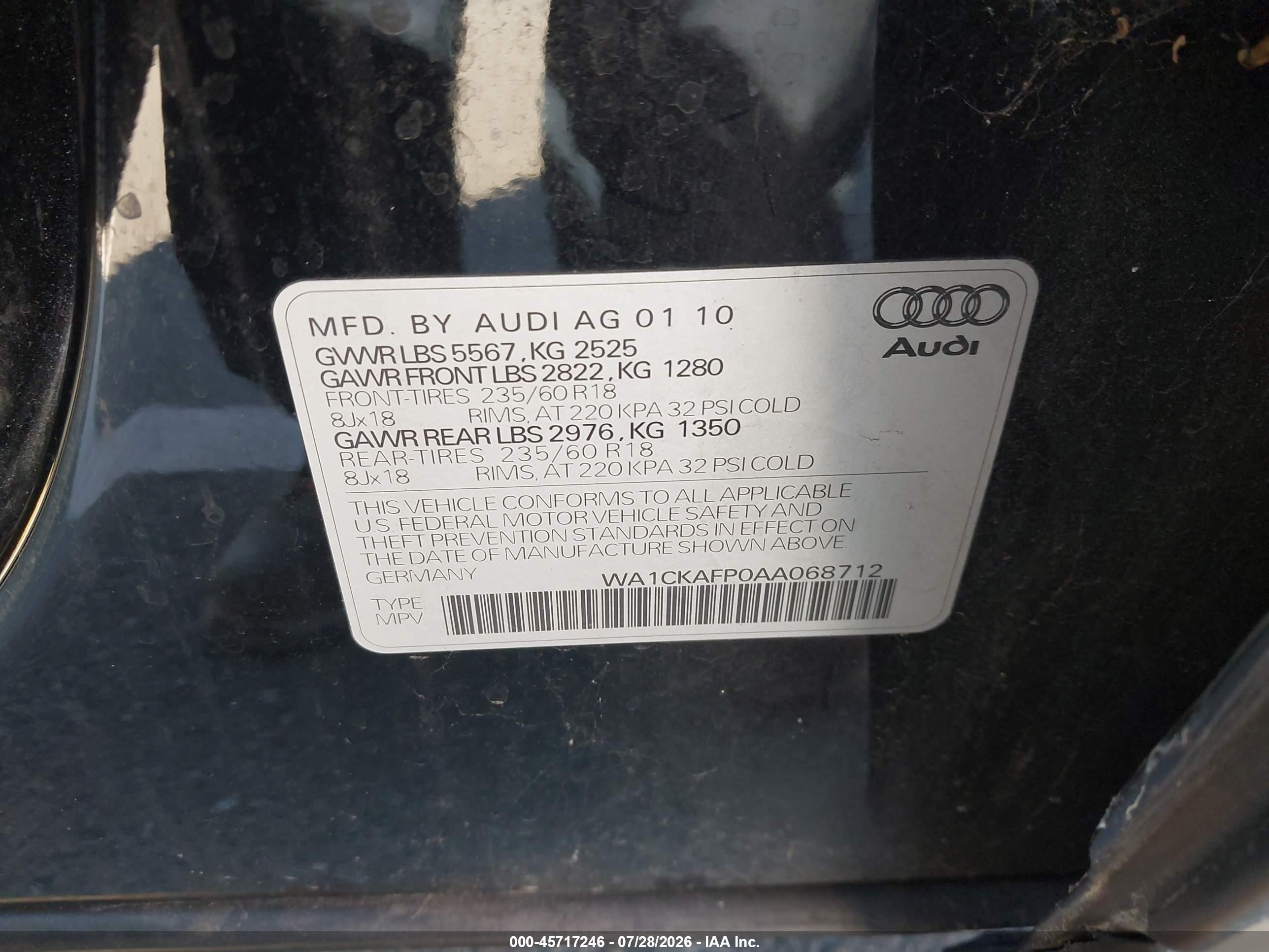 2010 Audi Q5 3.2 Premium Black vin: WA1CKAFP0AA068712