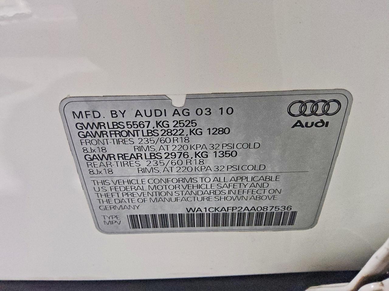 2010 Audi Q5 Premium White vin: WA1CKAFP2AA087536