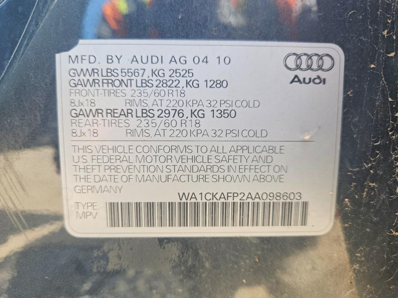 2010 Audi Q5 Premium Gray vin: WA1CKAFP2AA098603