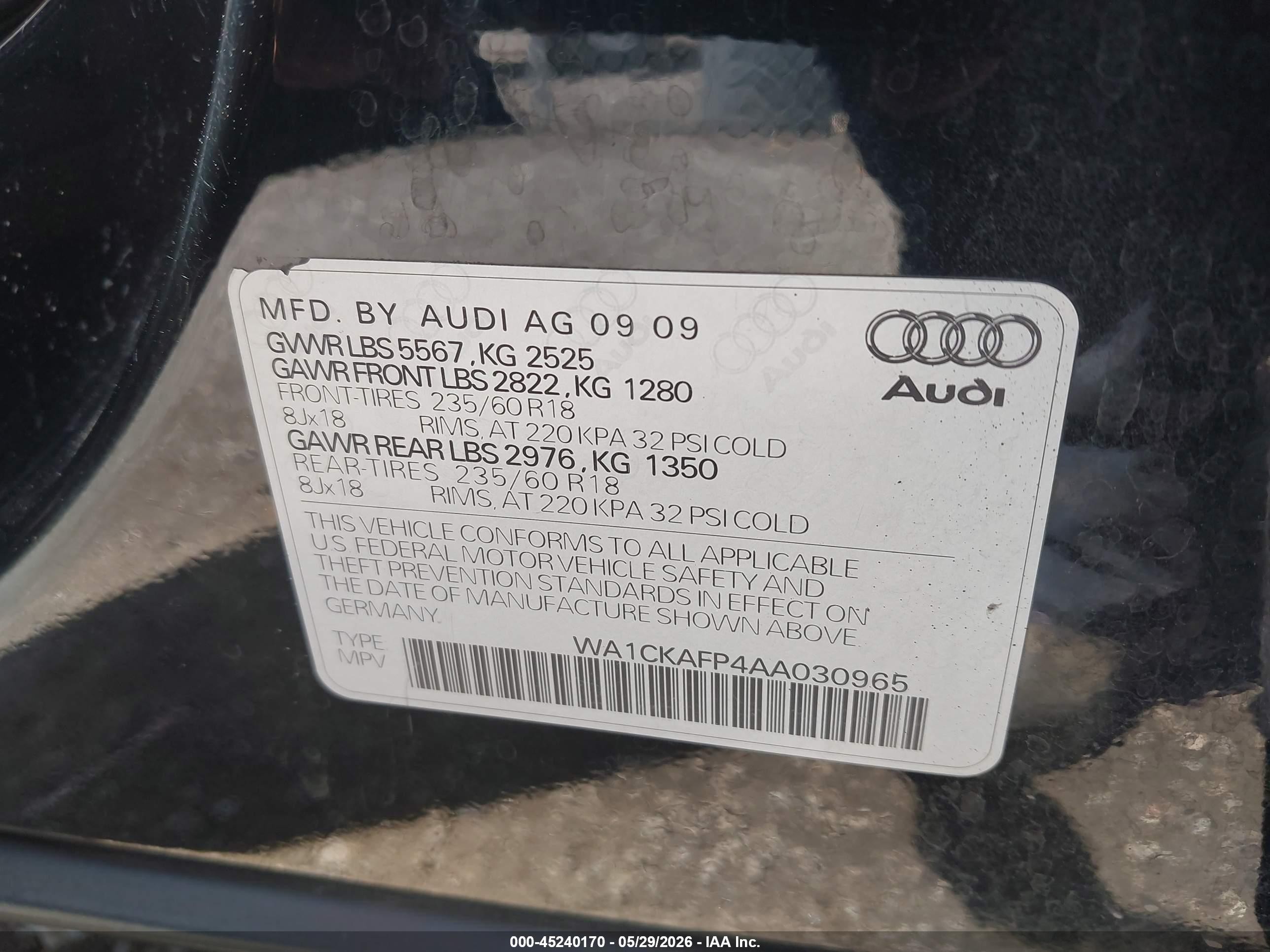2010 Audi Q5 3.2 Premium Black vin: WA1CKAFP4AA030965