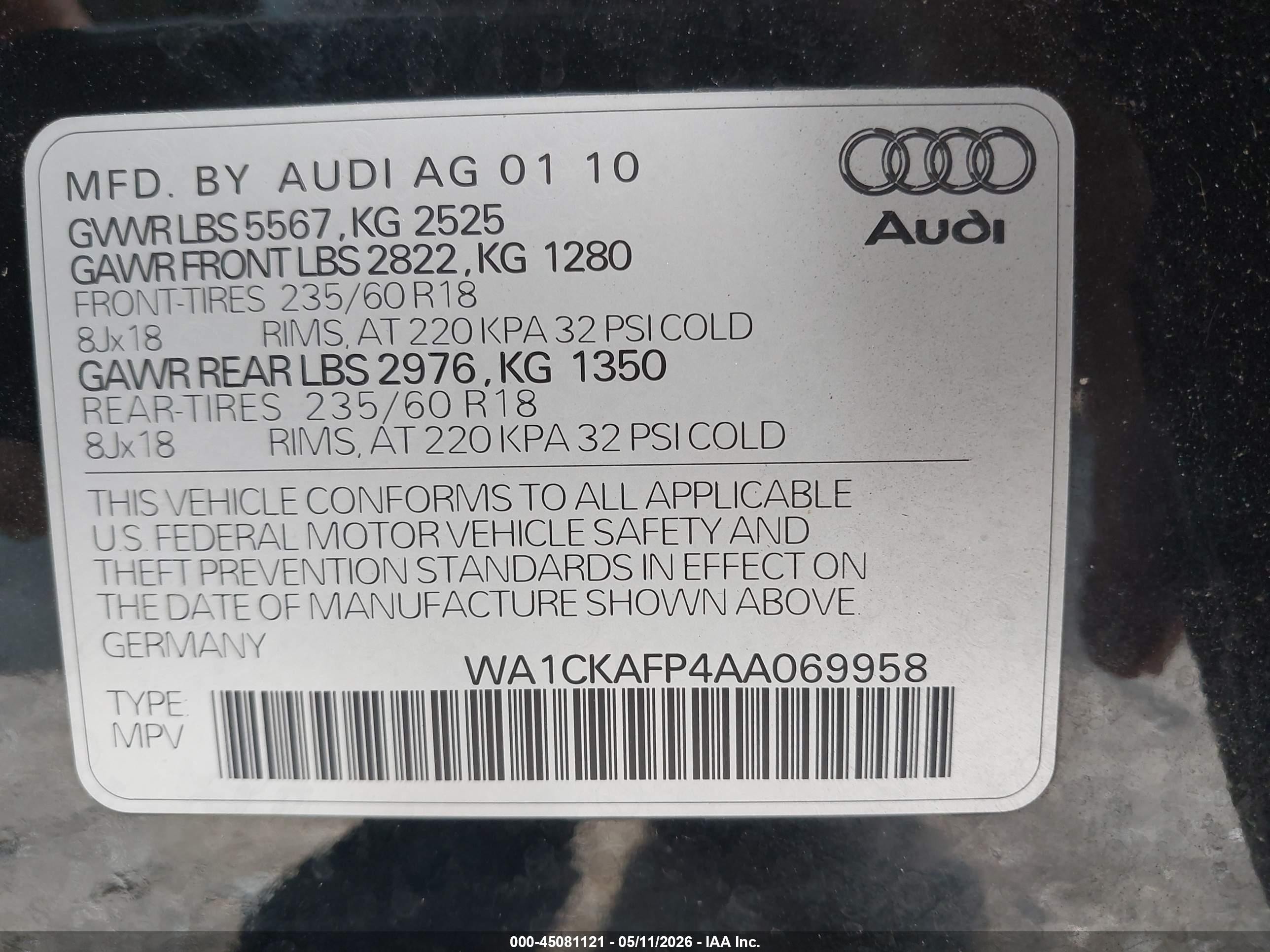 2010 Audi Q5 3.2 Premium Black vin: WA1CKAFP4AA069958