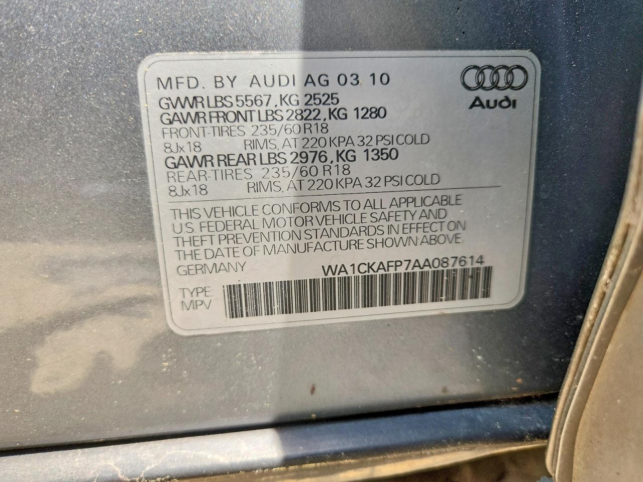 2010 Audi Q5 Gray vin: WA1CKAFP7AA087614