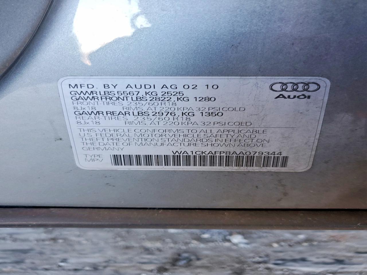 2010 Audi Q5 Premium Gray vin: WA1CKAFP8AA079344