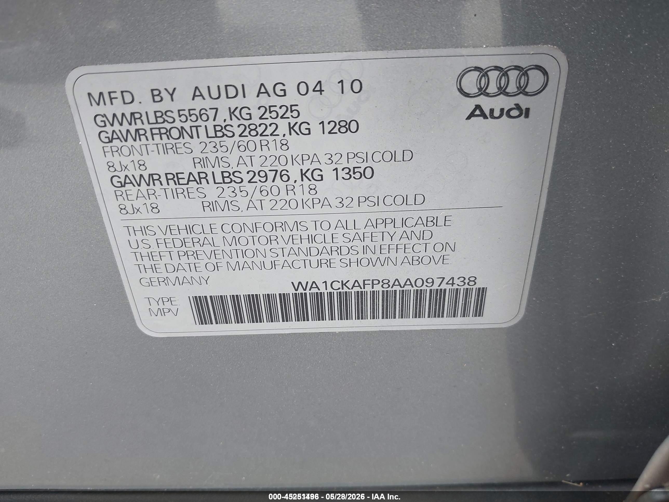 2010 Audi Q5 3.2 Premium Gray vin: WA1CKAFP8AA097438