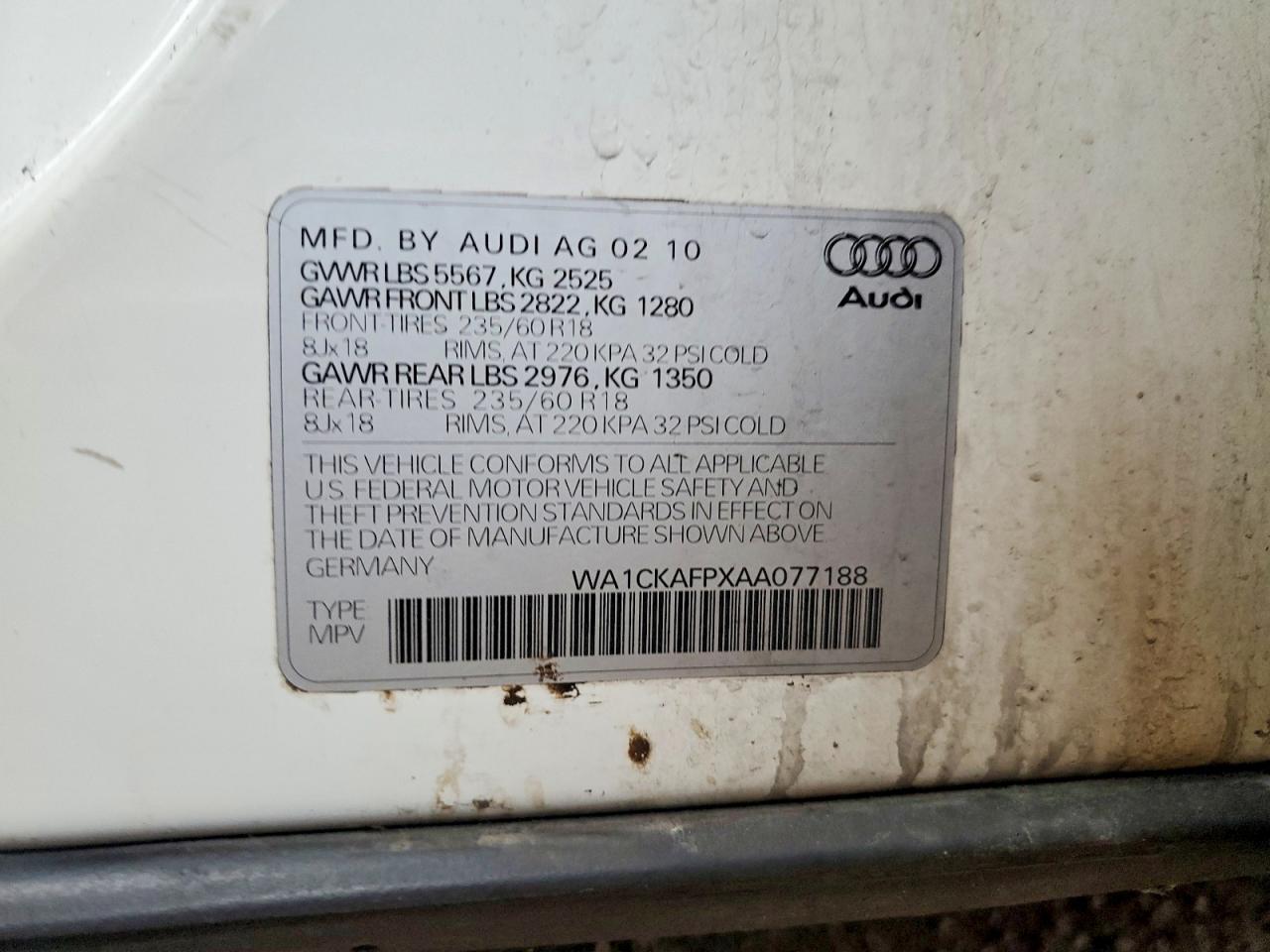2010 Audi Q5 Premium White vin: WA1CKAFPXAA077188