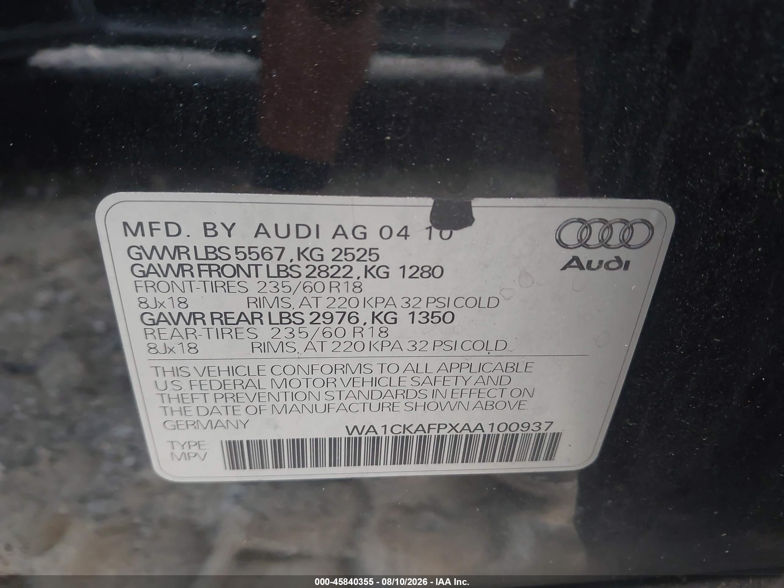 2010 Audi Q5 3.2 Premium Black vin: WA1CKAFPXAA100937