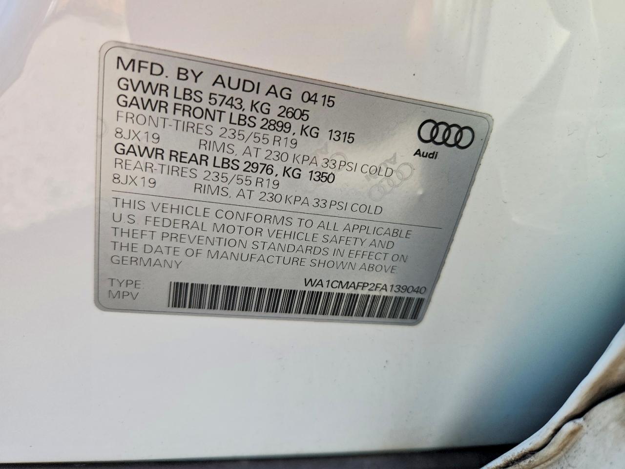 2015 Audi Q5 Tdi Premium Plus Белый vin: WA1CMAFP2FA139040