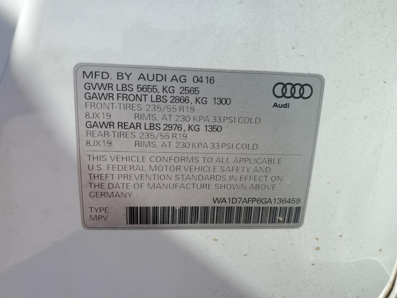 2016 Audi Q5 Premium Plus S-line White vin: WA1D7AFP6GA136459