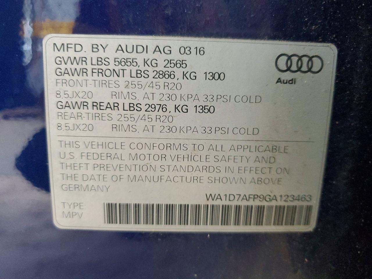 2016 Audi Q5 Premium Plus S-line Синий vin: WA1D7AFP9GA123463