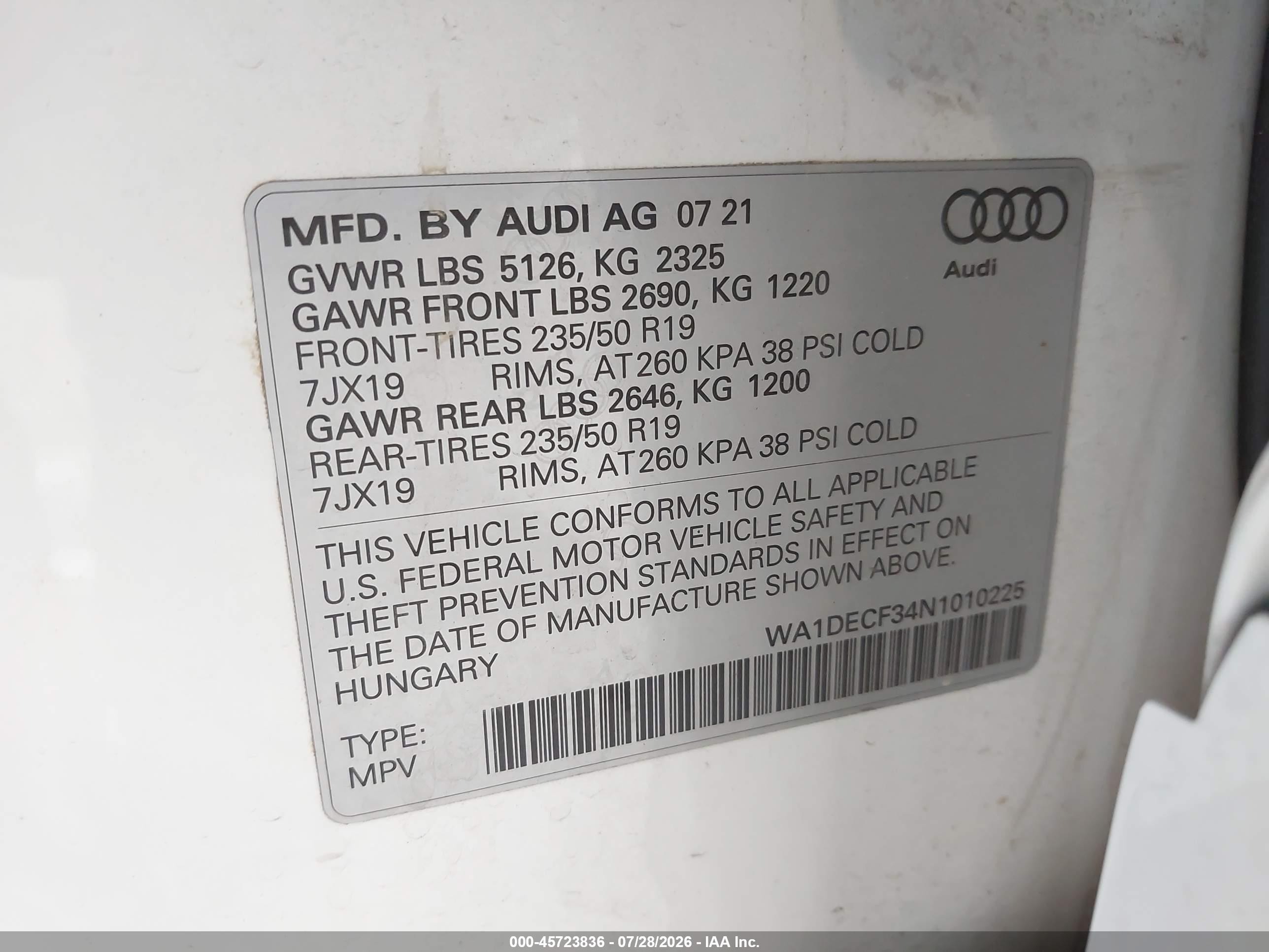 2022 Audi Q3 Premium 45 Tfsi S Line Quattro Tiptronic White vin: WA1DECF34N1010225