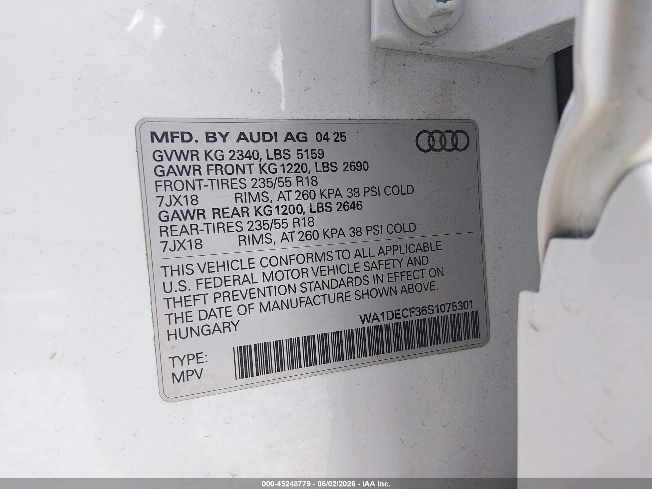 2025 Audi Q3 Premium 45 Tfsi S Line Quattro Tiptronic Белый vin: WA1DECF36S1075301