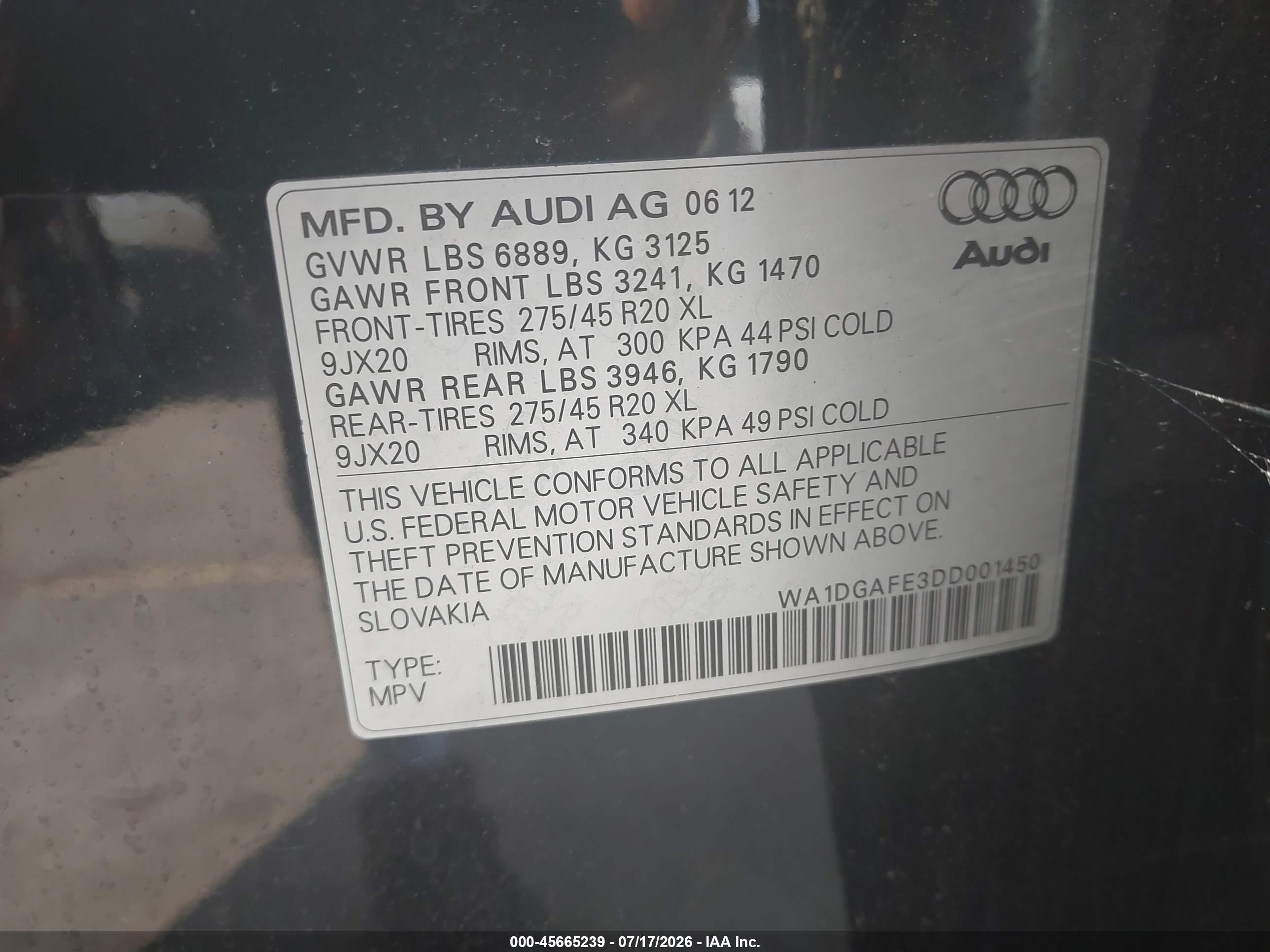 2013 Audi Q7 3.0t S Line Prestige Black vin: WA1DGAFE3DD001450