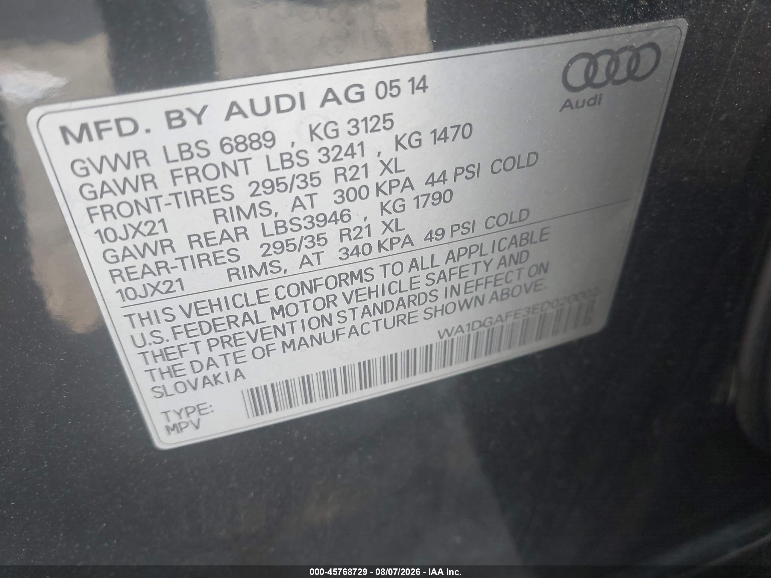 2014 Audi Q7 3.0t S Line Prestige Black vin: WA1DGAFE3ED020002