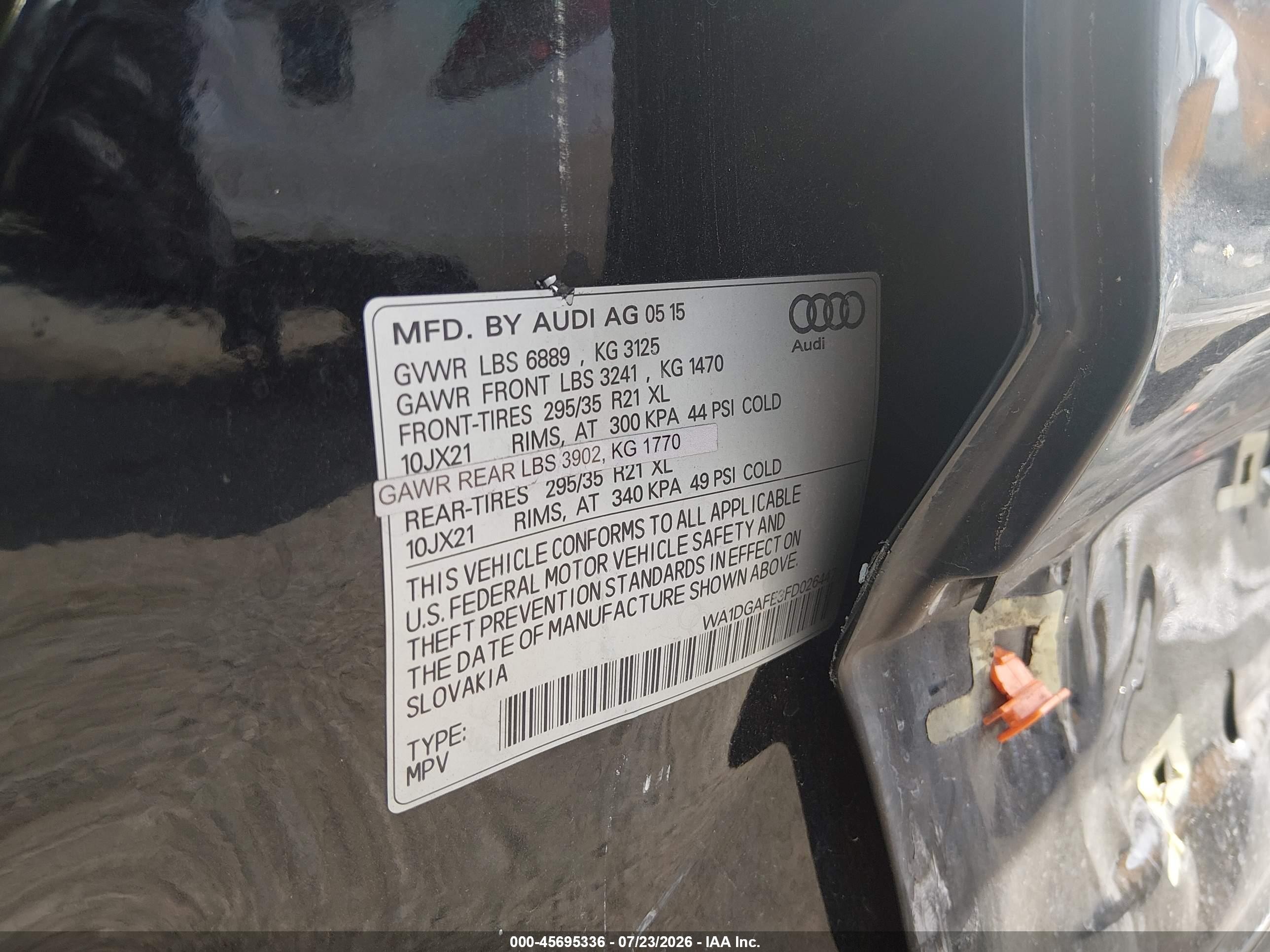 2015 Audi Q7 3.0t S Line Prestige Black vin: WA1DGAFE3FD026447