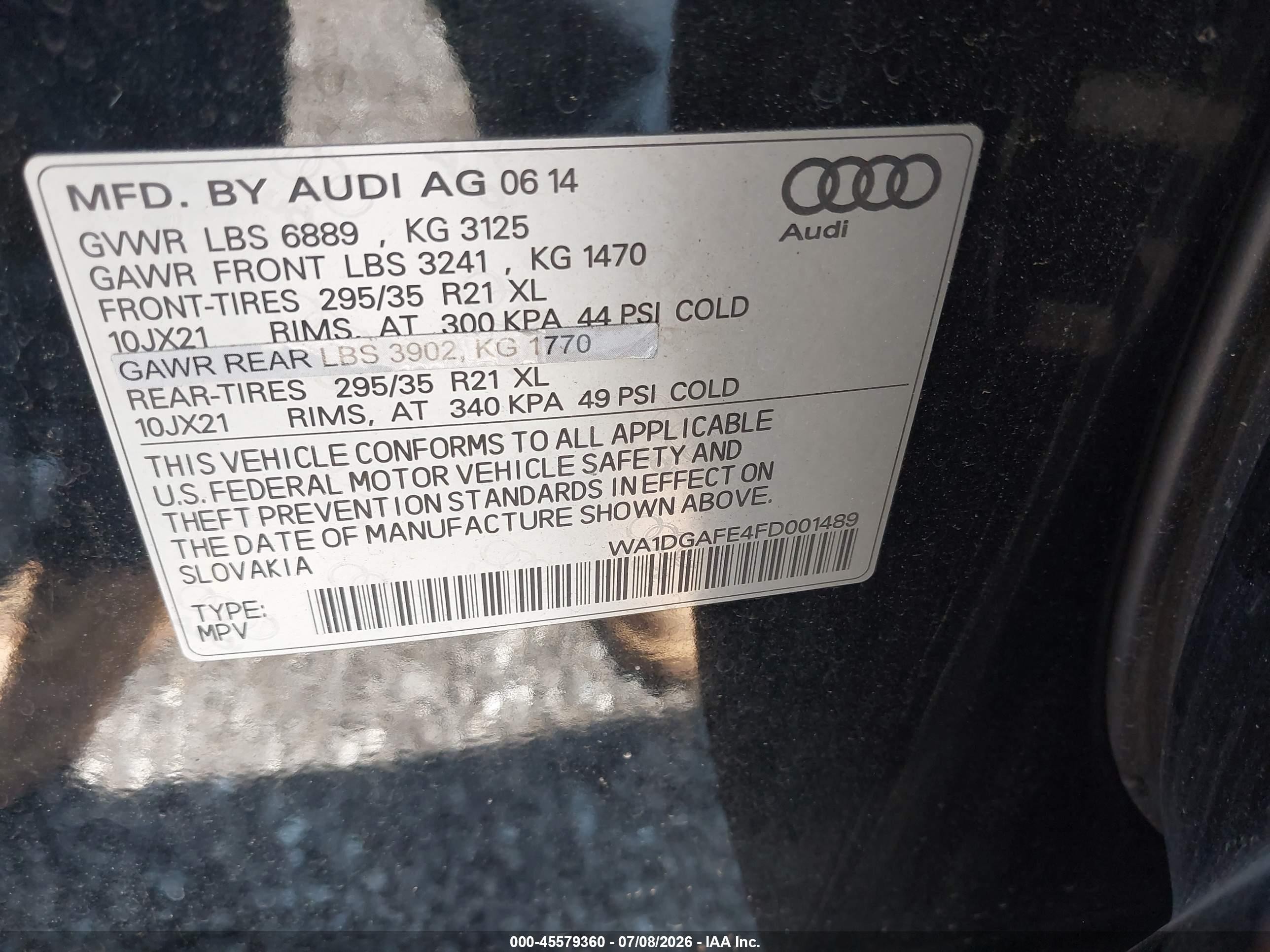 2015 Audi Q7 3.0t S Line Prestige Черный vin: WA1DGAFE4FD001489