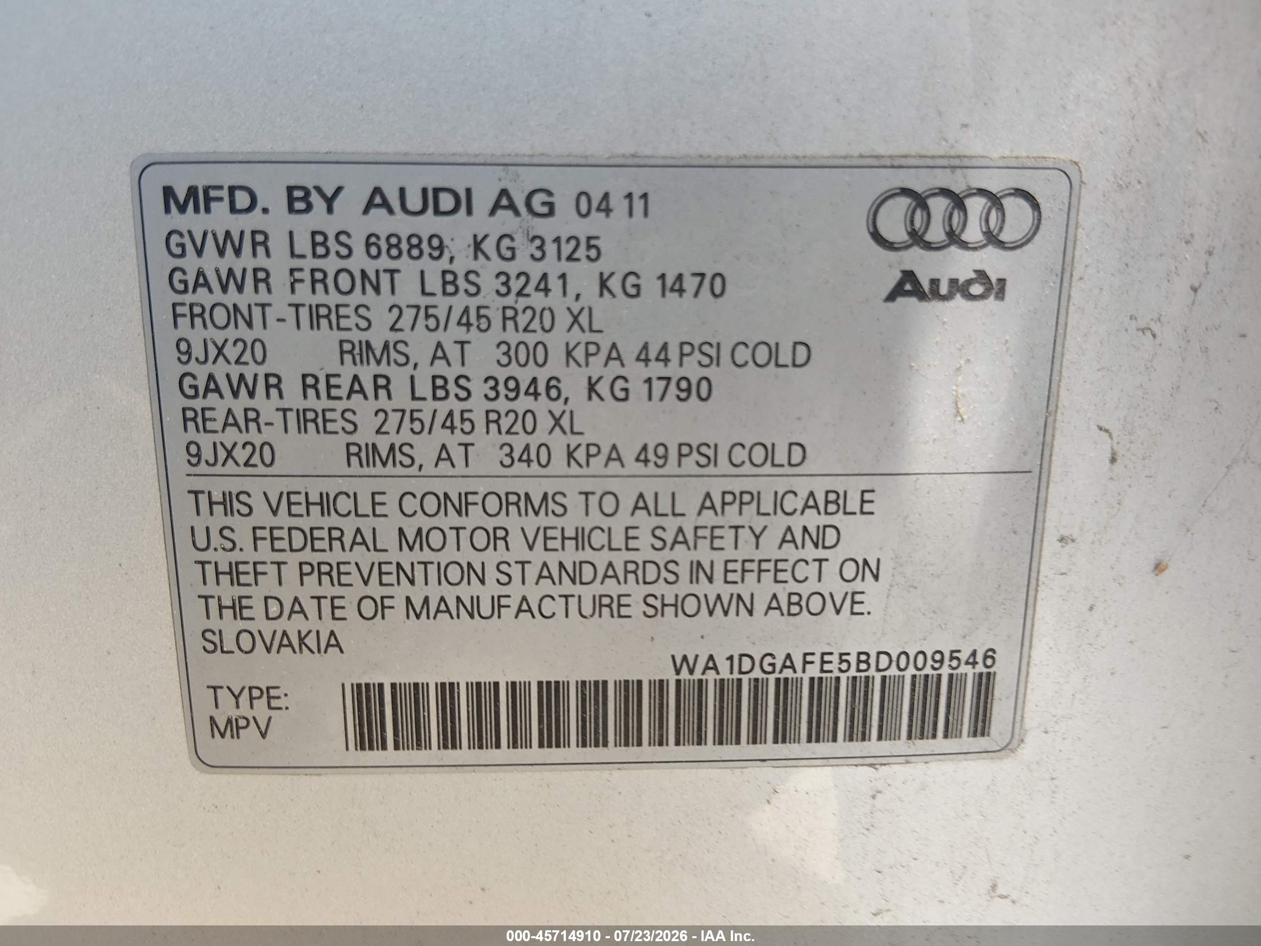 2011 Audi Q7 3.0t S Line Prestige Silver vin: WA1DGAFE5BD009546