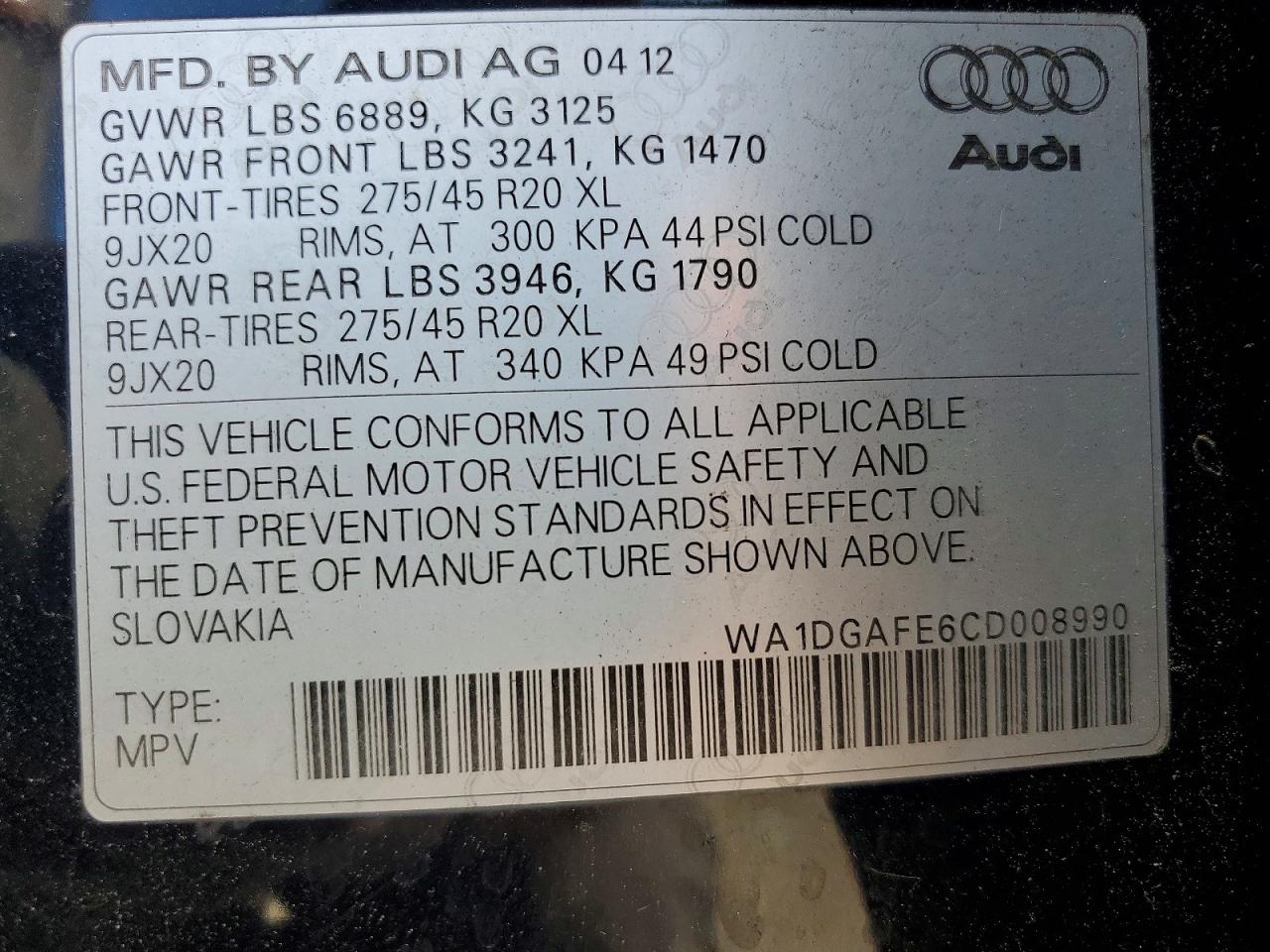 2012 Audi Q7 Prestige Black vin: WA1DGAFE6CD008990