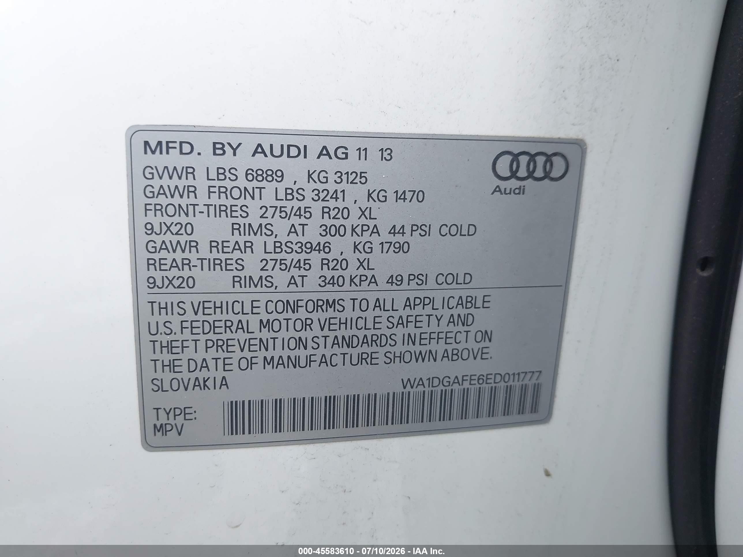 2014 Audi Q7 3.0t S Line Prestige White vin: WA1DGAFE6ED011777