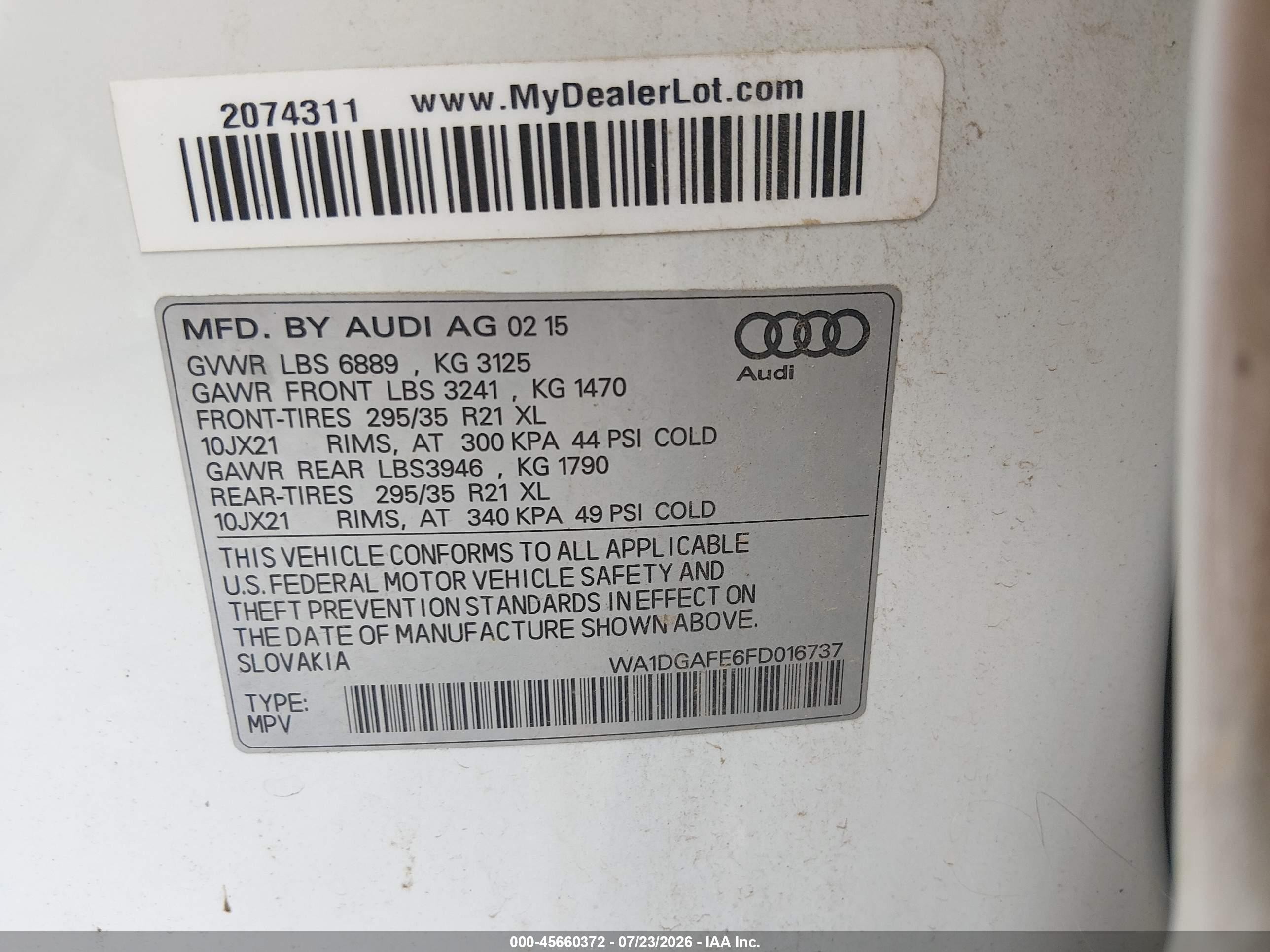 2015 Audi Q7 3.0t S Line Prestige White vin: WA1DGAFE6FD016737