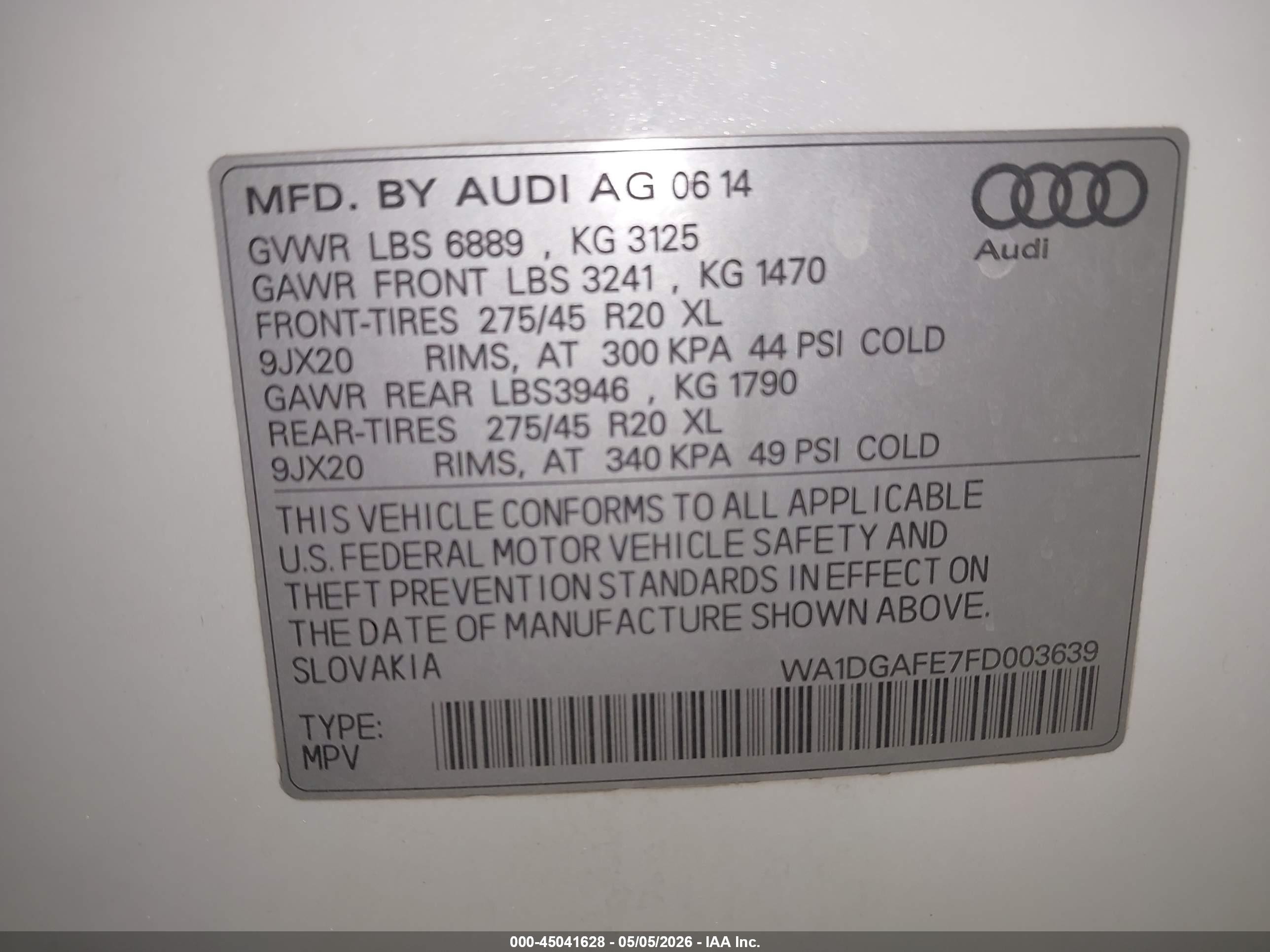 2015 Audi Q7 3.0t S Line Prestige White vin: WA1DGAFE7FD003639