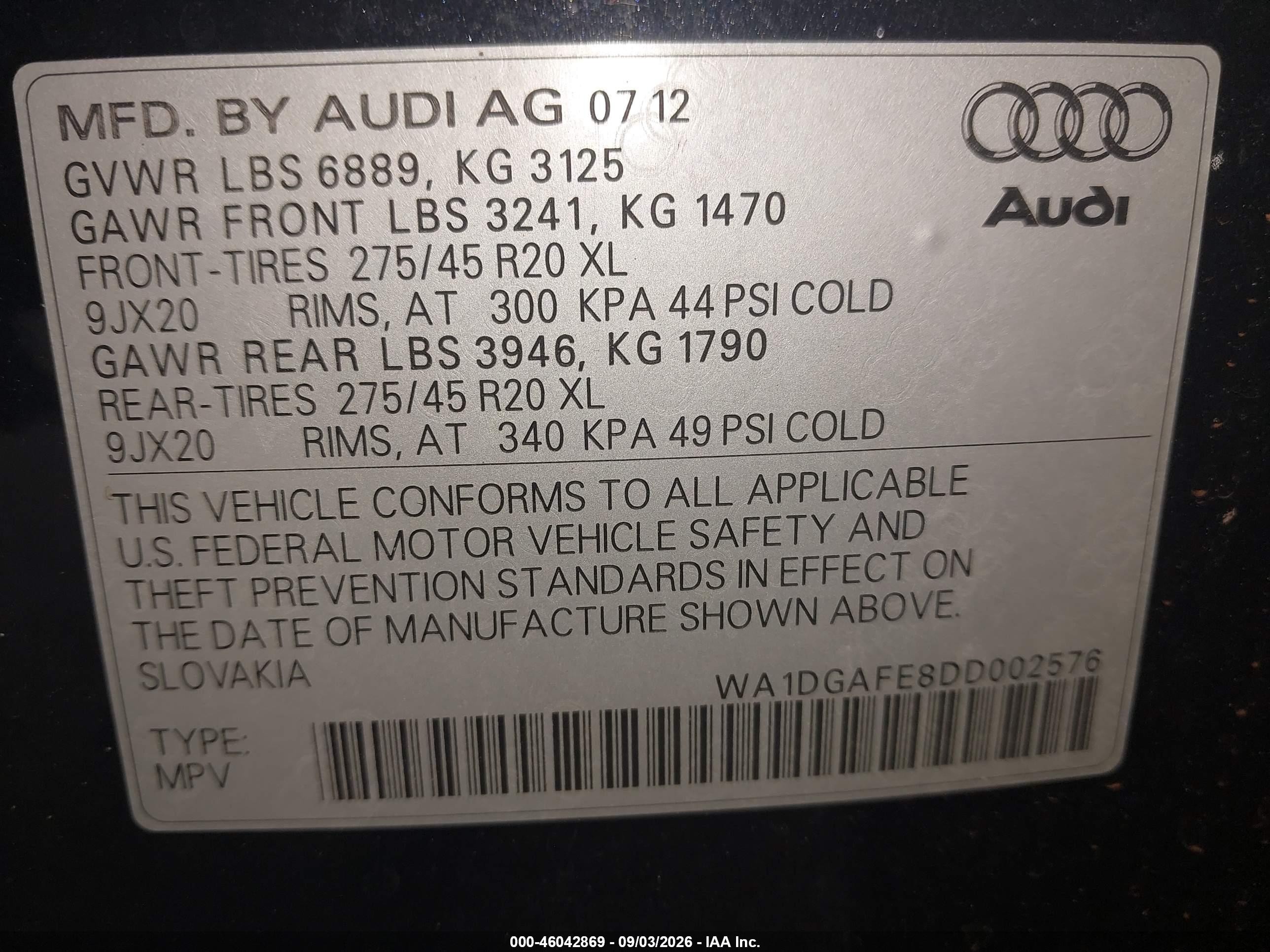 2013 Audi Q7 3.0t S Line Prestige Black vin: WA1DGAFE8DD002576