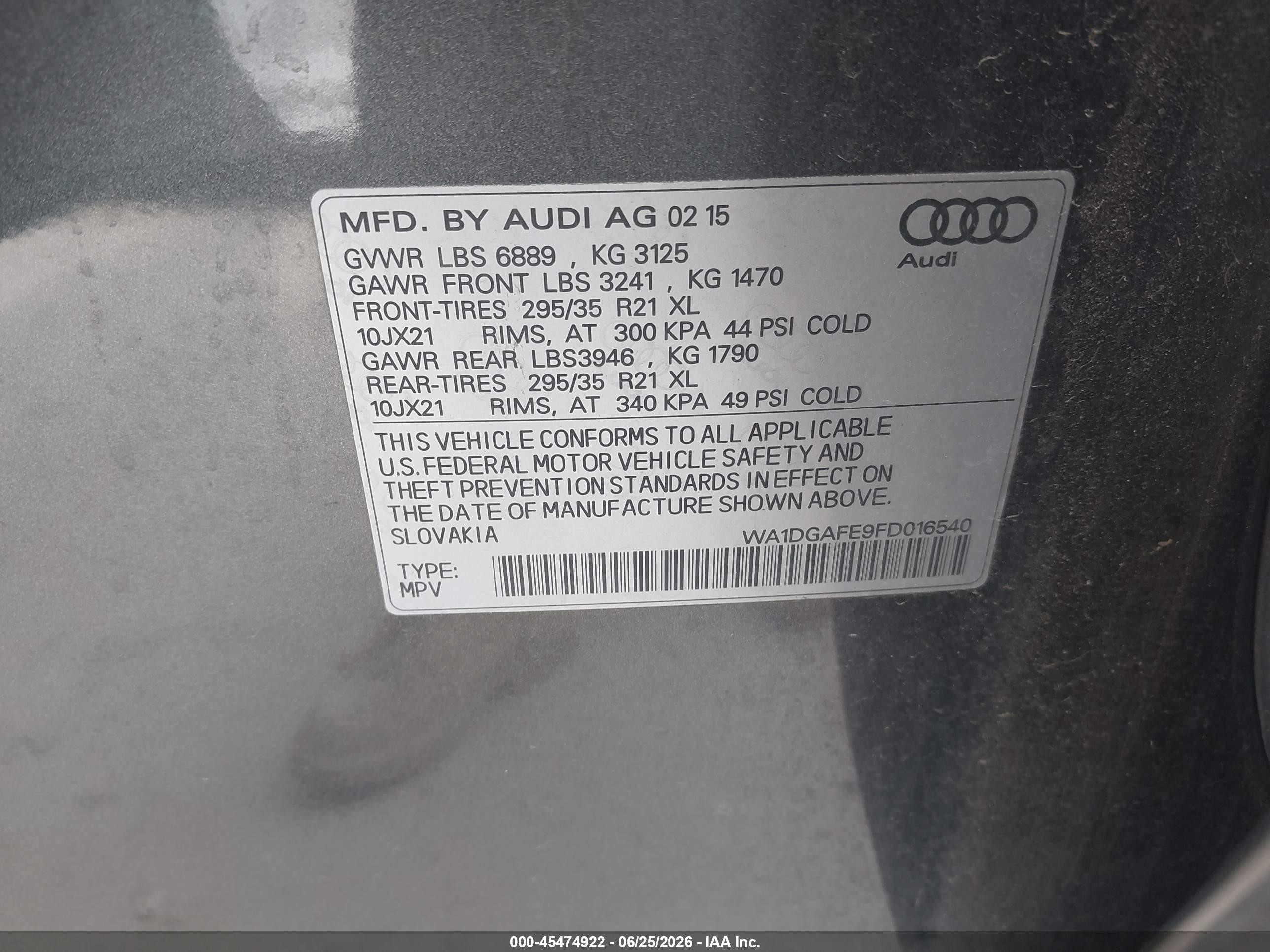 2015 Audi Q7 3.0t S Line Prestige Gray vin: WA1DGAFE9FD016540