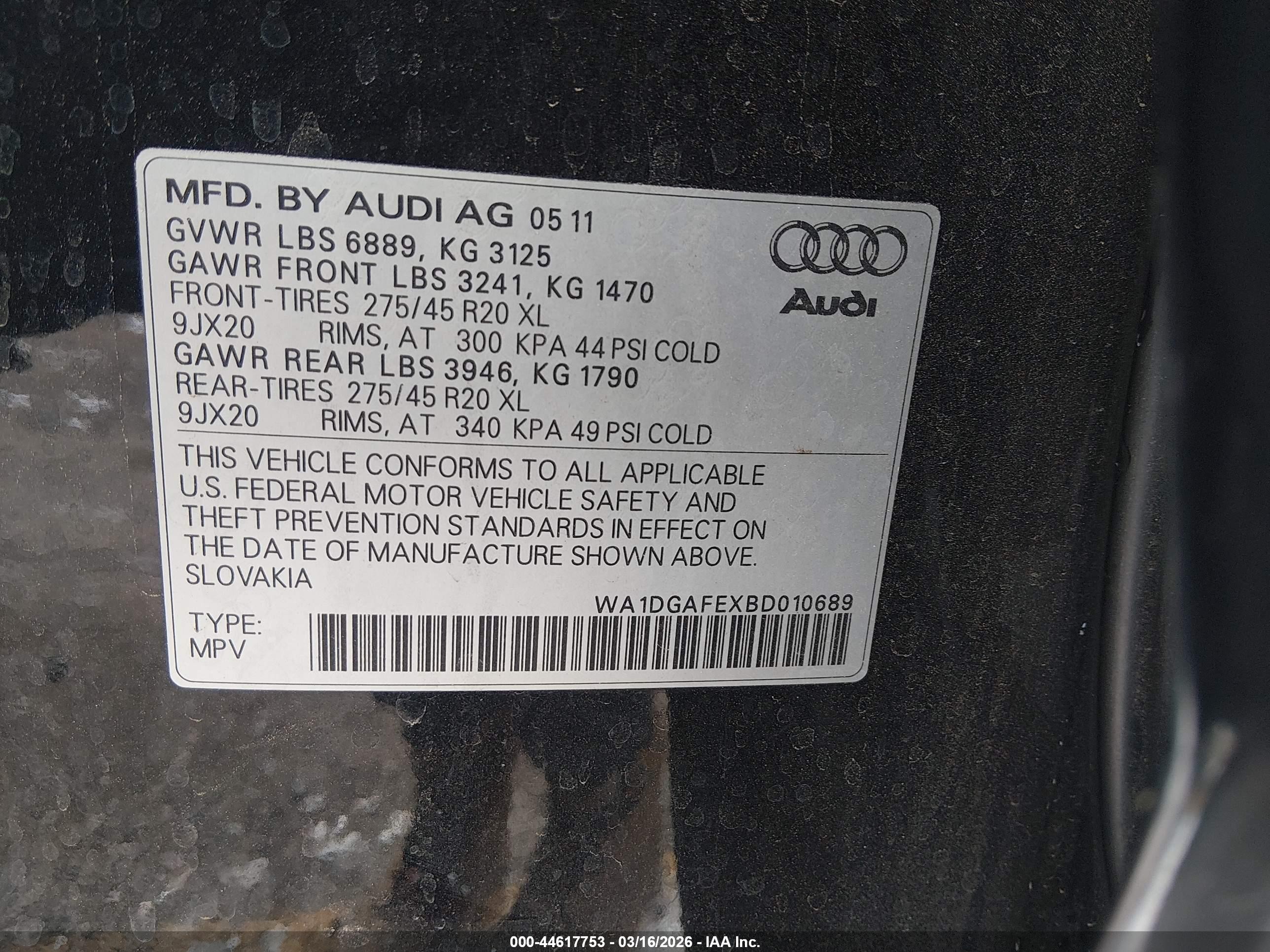 2011 Audi Q7 3.0t S Line Prestige Black vin: WA1DGAFEXBD010689