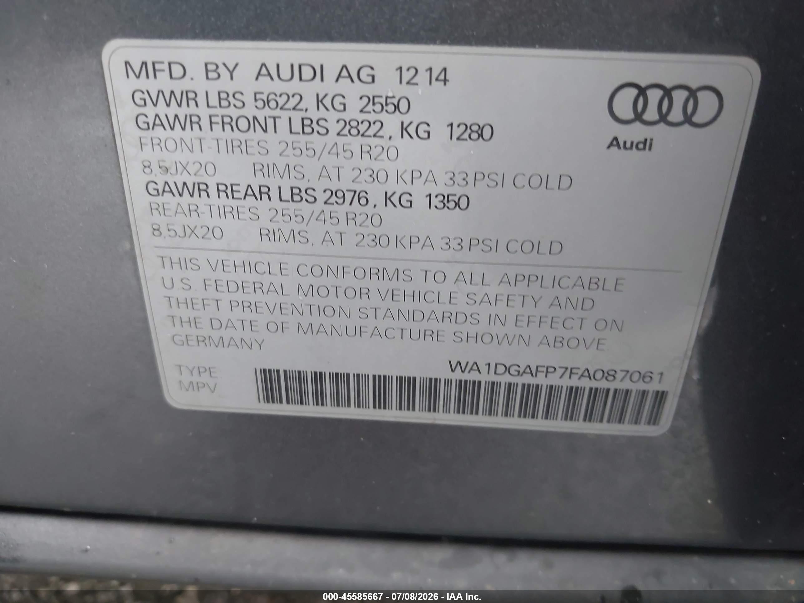 2015 Audi Q5 3.0t Premium Plus Серый vin: WA1DGAFP7FA087061