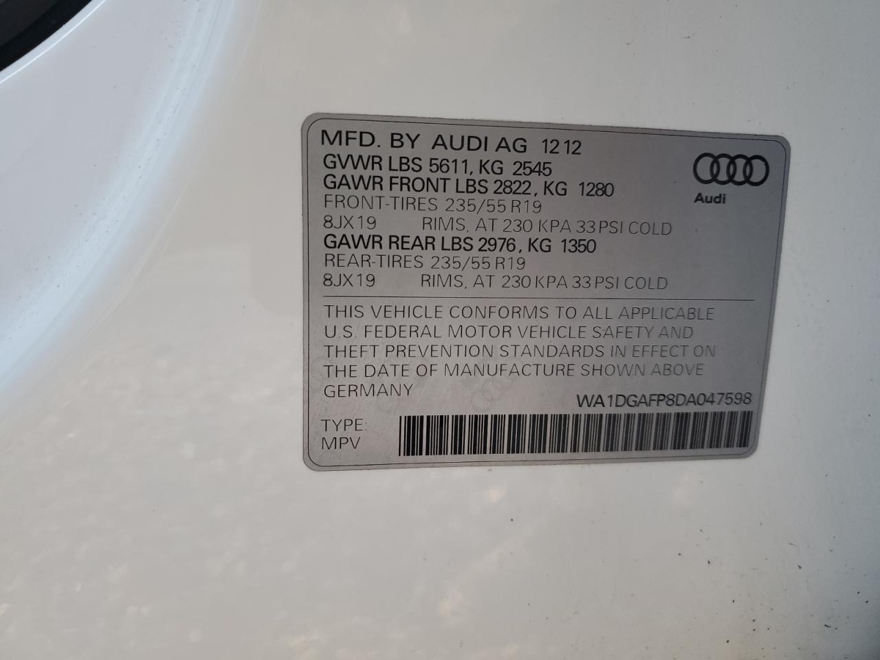 2013 Audi Q5 Premium Plus White vin: WA1DGAFP8DA047598