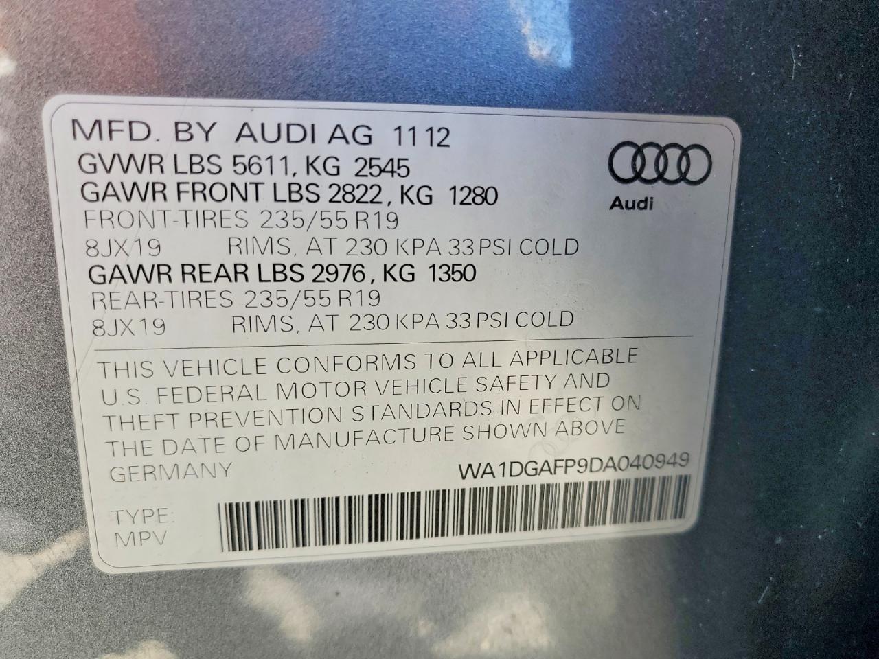 2013 Audi Q5 Premium Plus Gray vin: WA1DGAFP9DA040949