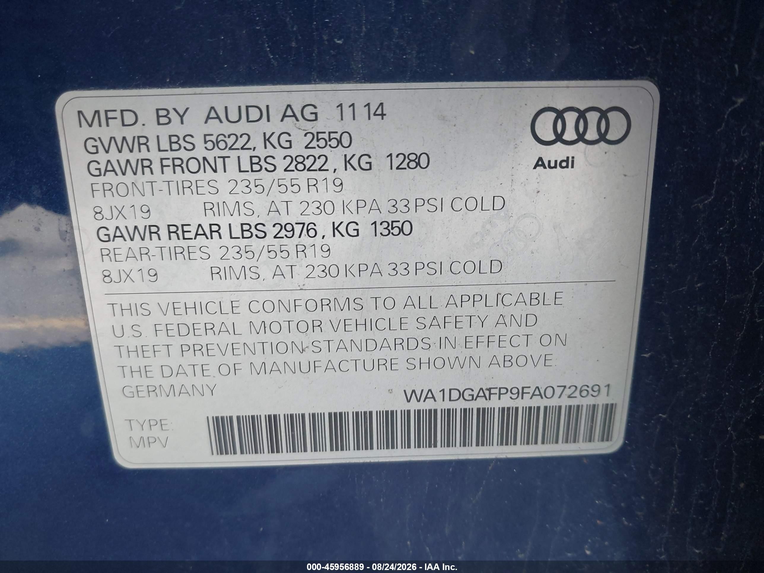 2015 Audi Q5 3.0t Premium Plus Синий vin: WA1DGAFP9FA072691