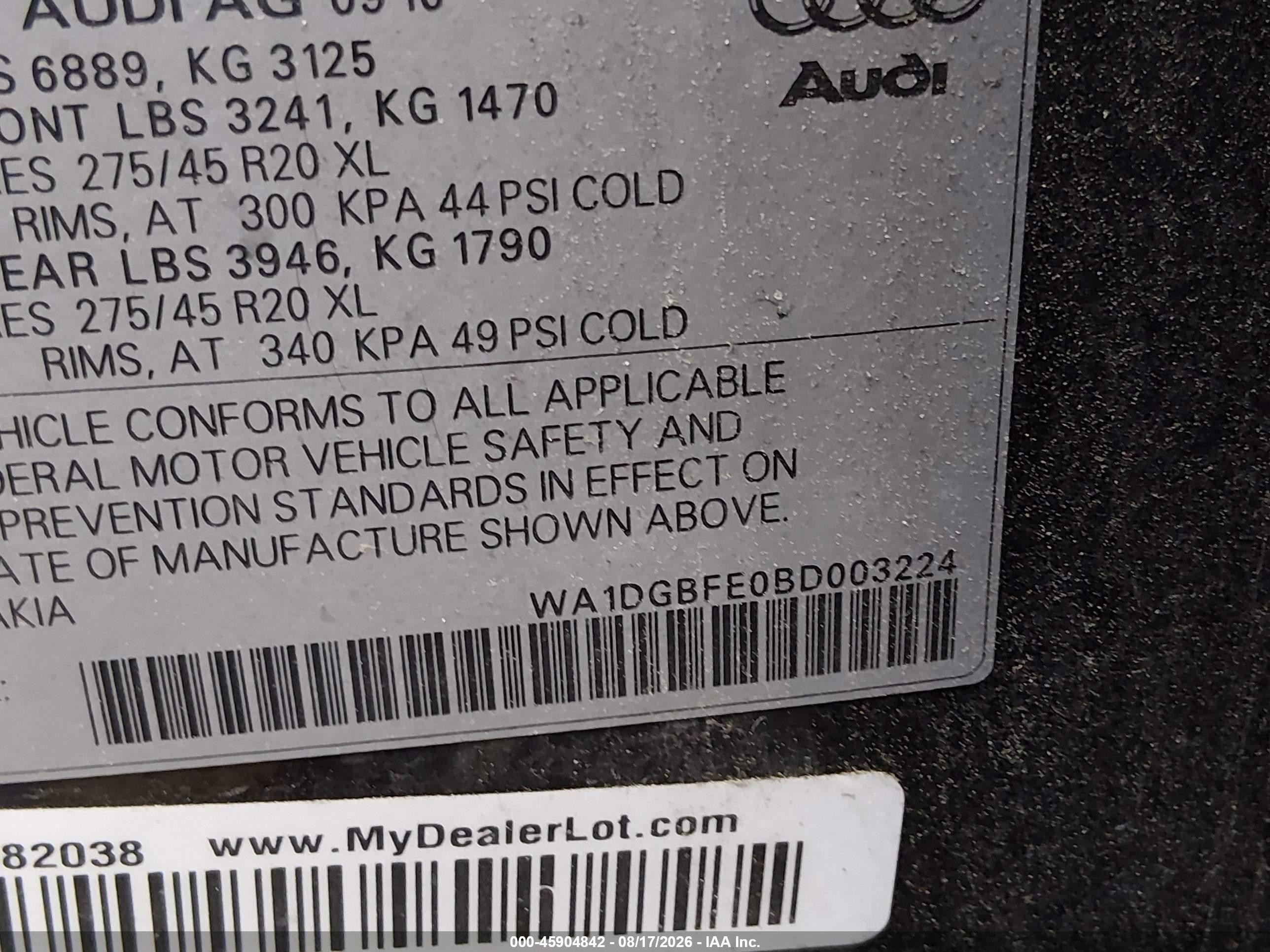 2011 Audi Q7 3.0t S Line Prestige Black vin: WA1DGBFE0BD003224