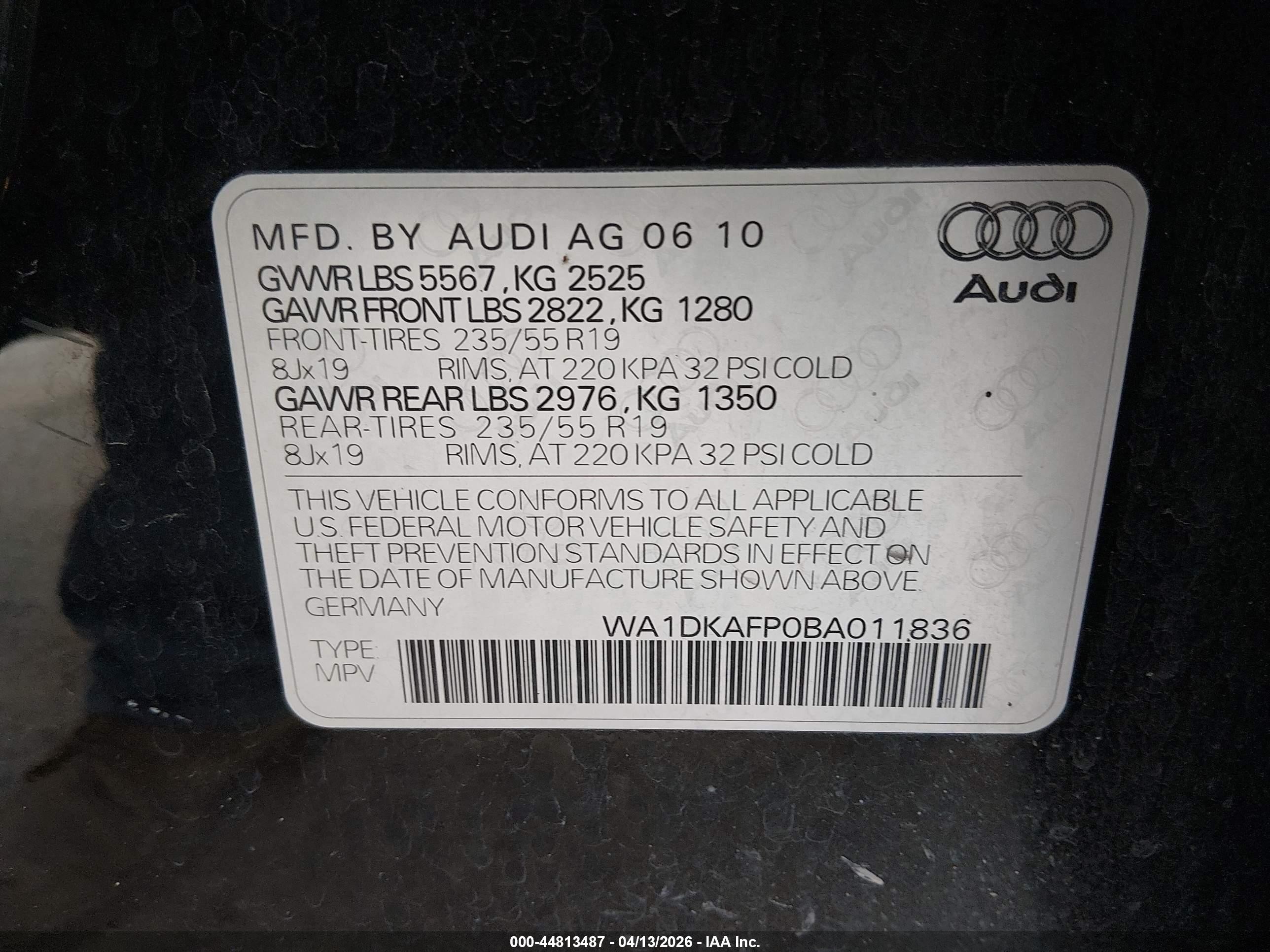 2011 Audi Q5 3.2 Premium Plus Black vin: WA1DKAFP0BA011836